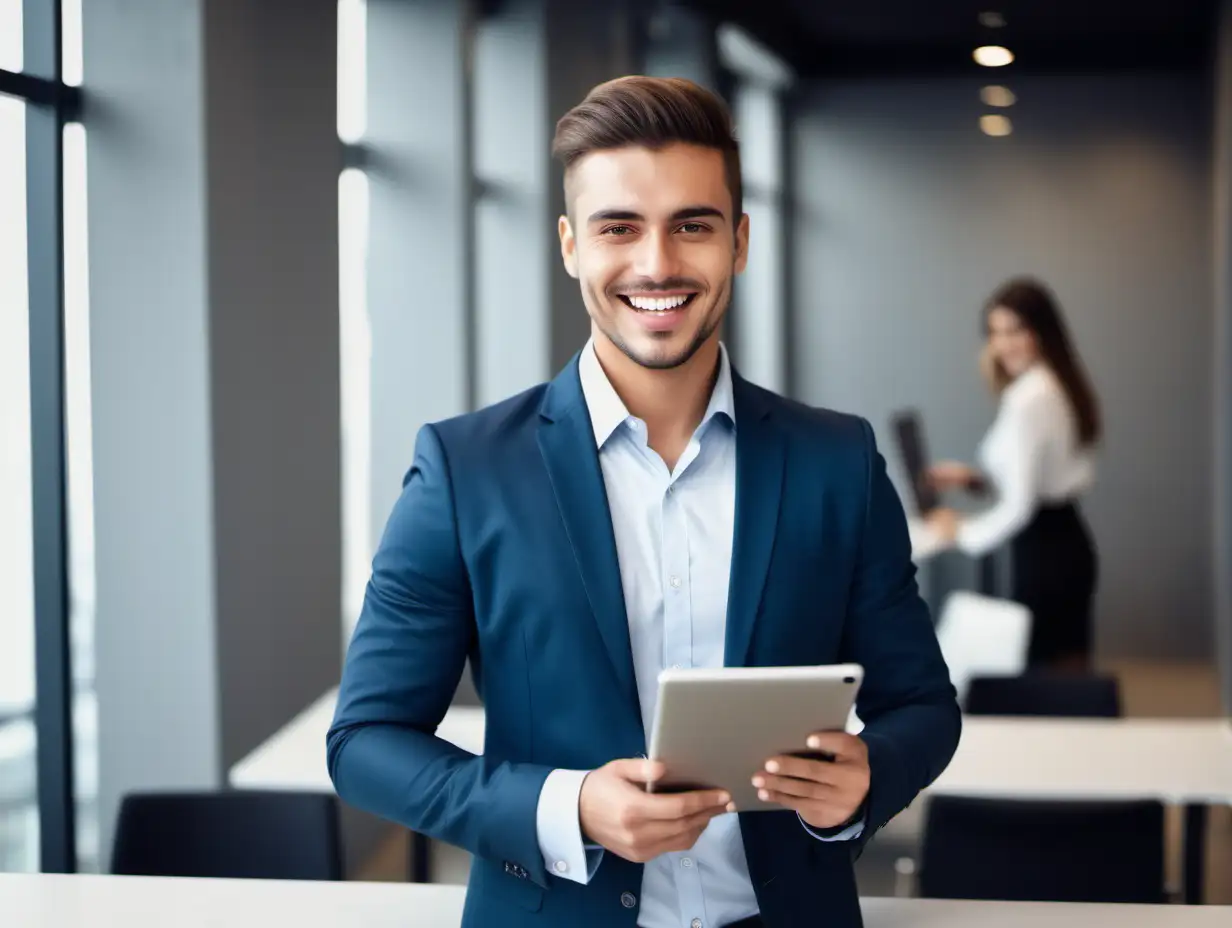 Young happy pretty smiling professional business man, working at his mobile tablet, happy confident positive female entrepreneur standing in office, looking at camera,