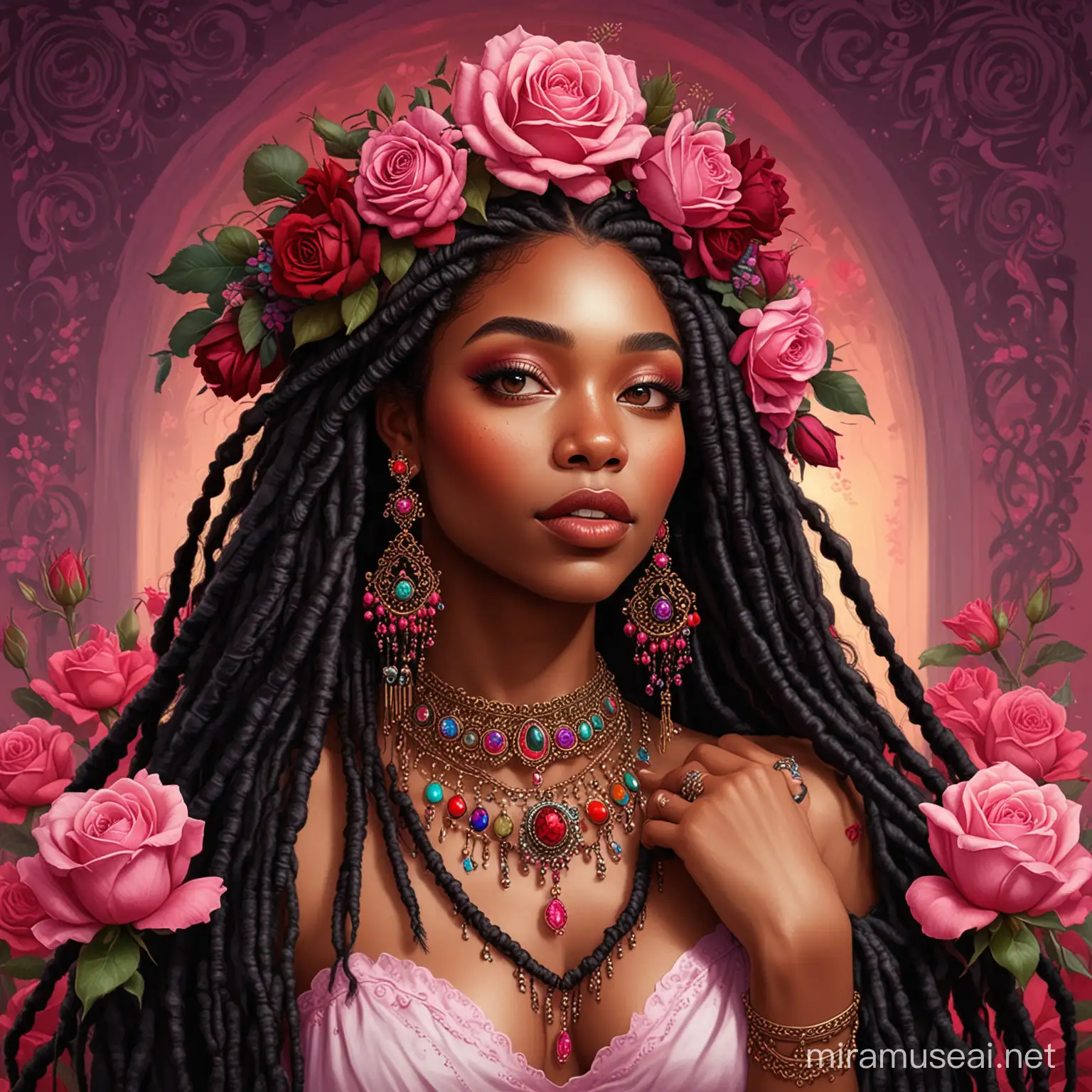 digital painting cartoon portrait of a beautiful black woman with long black dreadlocks with burgundy ends she has ornate jewelry and big earrings, the background is a vibrant pink with colorful flowers, her hands are under her chin, in front of her there's a red rose 
