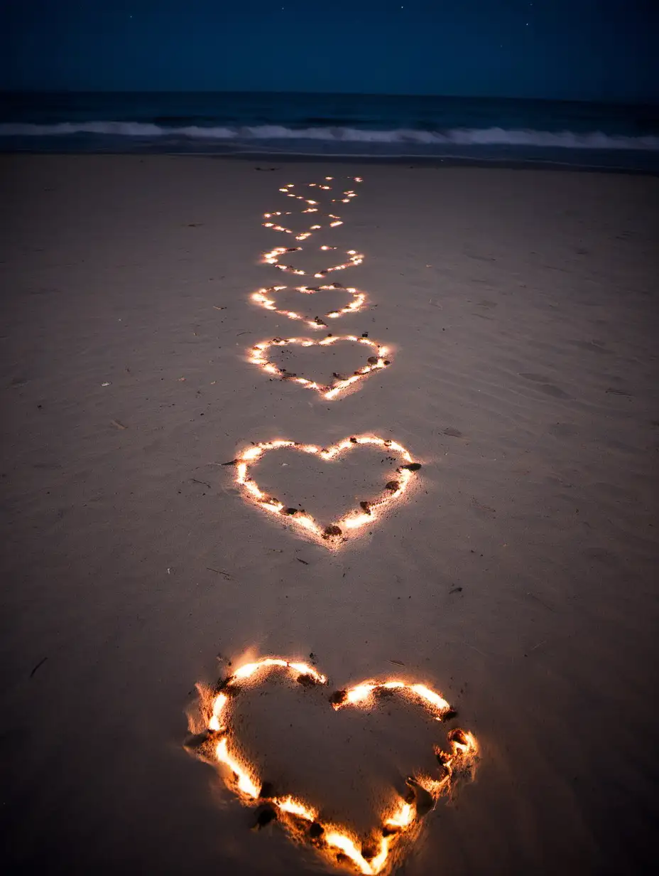 A photograph of heart-shaped footprints leading to a cozy beach bonfire
under the stars.
