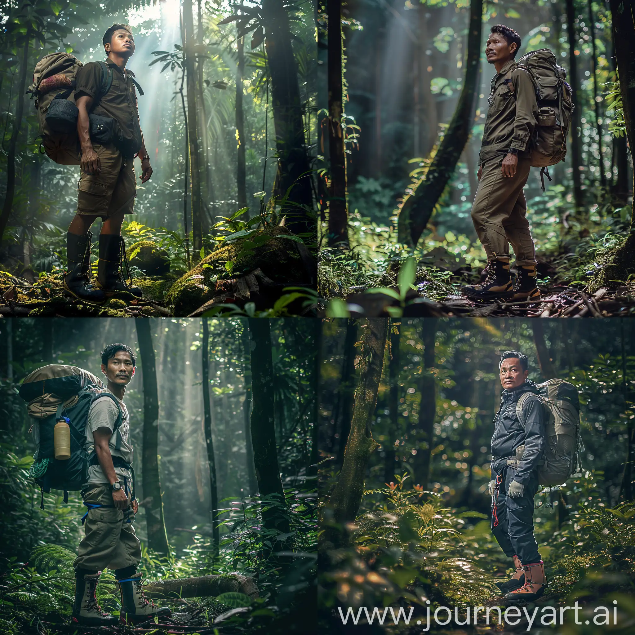 full body, cinematic portrait of Indonesian man wearing mountain boots, standing in the forest carrying backpack, his outfit shows that he is climber, in cycloop green forest, sunlight from gaps in the trees, advertising shooting, reallistic, HD quality