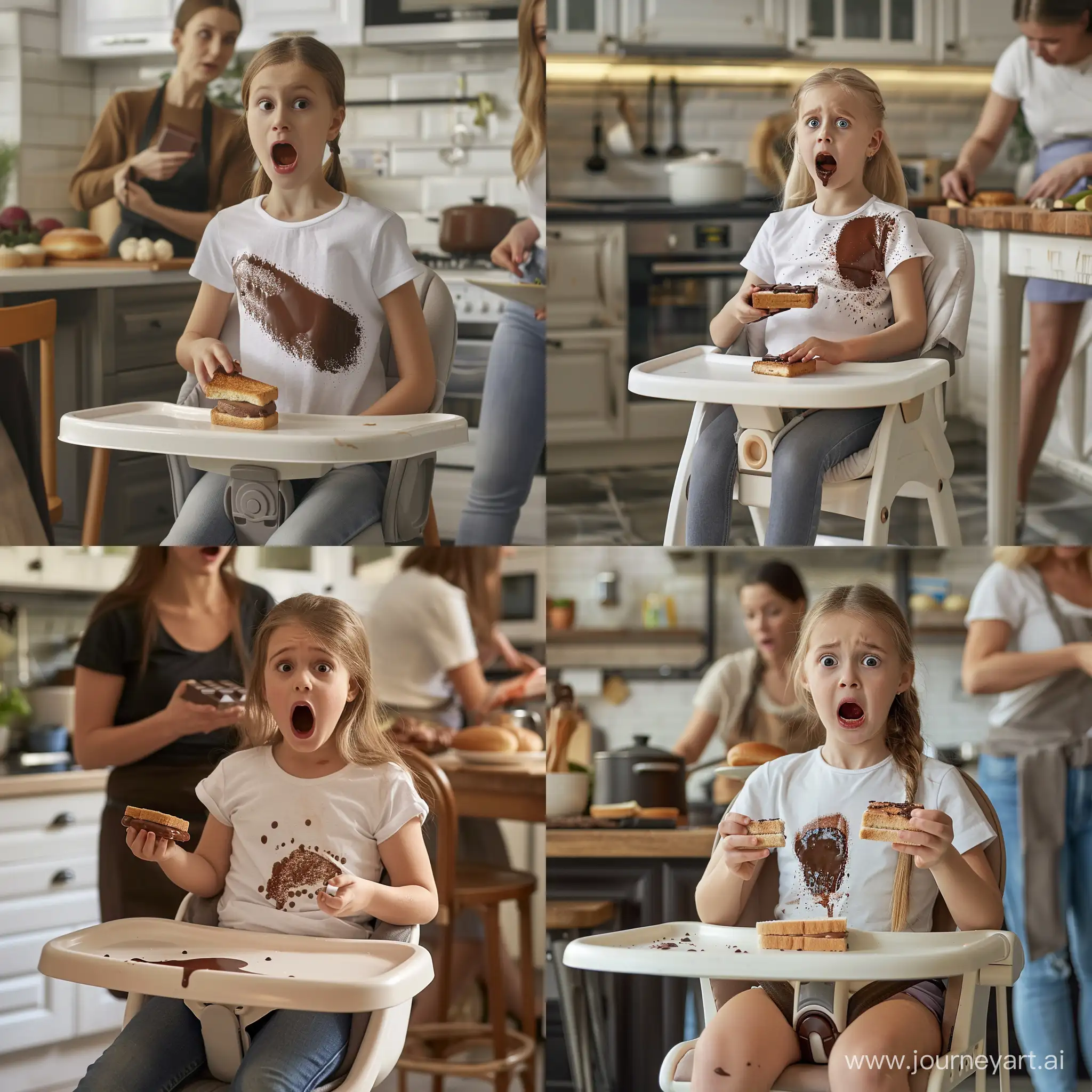 young girl sitting on highchair in kitchen, holding chocolate sandwich, a chocolate stain is on the girl's t-shirt, the girl is shocked,  mother is cooking on the other side, 