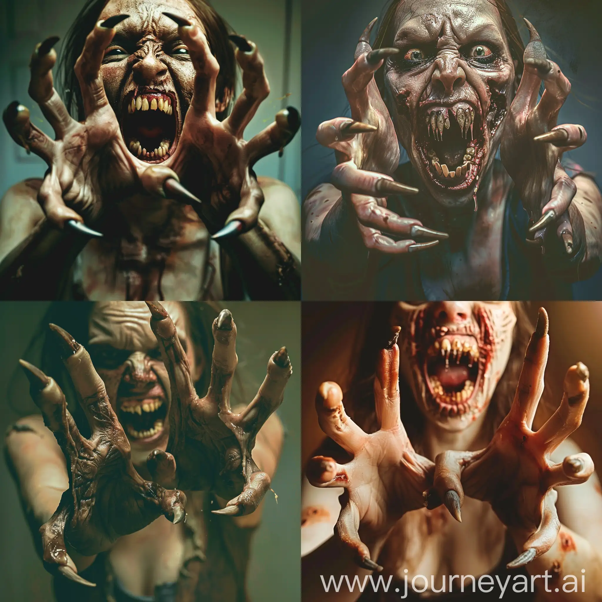 A terrifying and nightmare-inducing image of a zombie woman with long, curved, and pointed, dirty nails protruding from her five fingers, reminiscent of menacing claws. Her mouth is widely open, revealing a row of sharp, pointed teeth that look like fangs. She has her two hands out in front of her, and she slowly approaches her target she attacks in order to fulfill her insatiable hunger. 32k uhd, full anatomical. human hands, very clear without flaws with five fingers, dynamic pose
