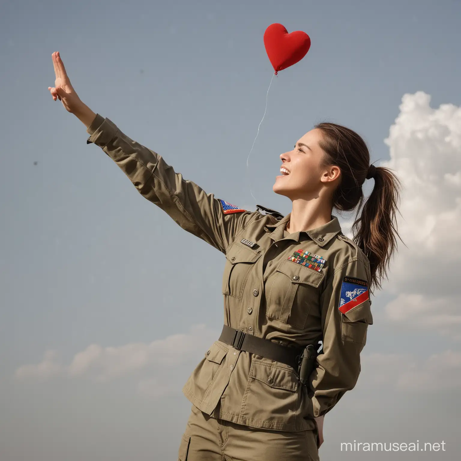 Sağ elini uzatmış havada kalp yakalamaya çalışan bir asker kadın