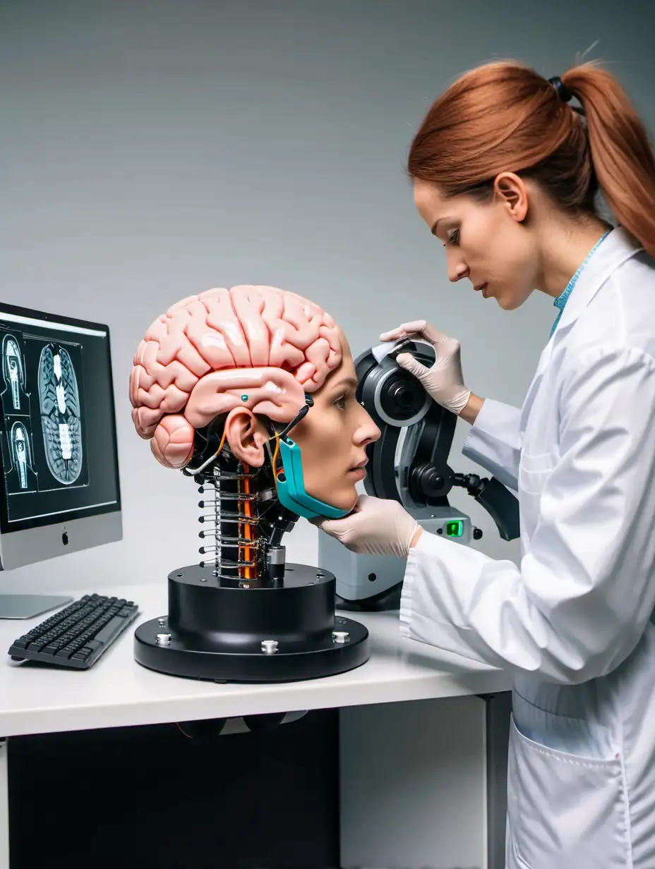 Scientists working on the brain and head of a mechanized robot
in a laboratory