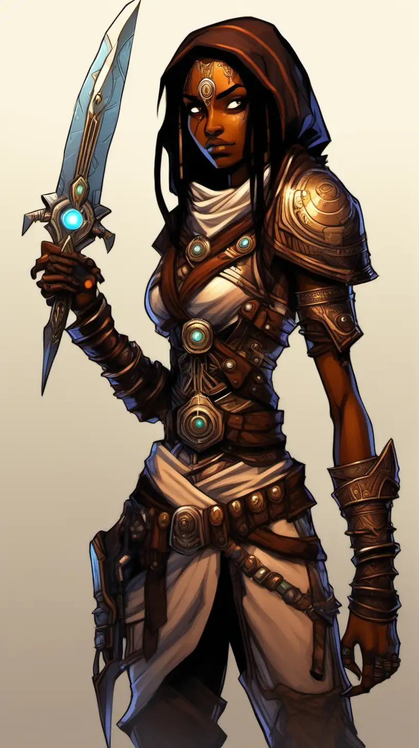 a female assassin in a fantasy world, the art style is like adventure time and world of warcraft and star wars. She has a cybernetic arm and carries daggers. She has brown skin and indian features. 