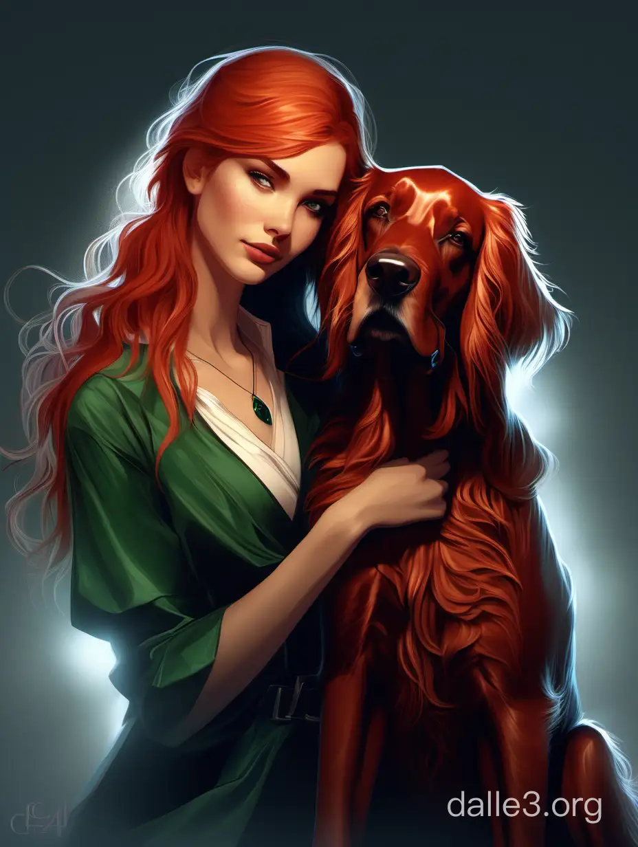 girl hugging clifford the big irish setter by charlie bowater and titian and artgerm, full body portrait, intricate, face, elegant, beautiful, highly detailed, dramatic lighting, sharp focus, trending on artstation, artstationhd, artstationhq, unreal engine, 4 k, 8 k