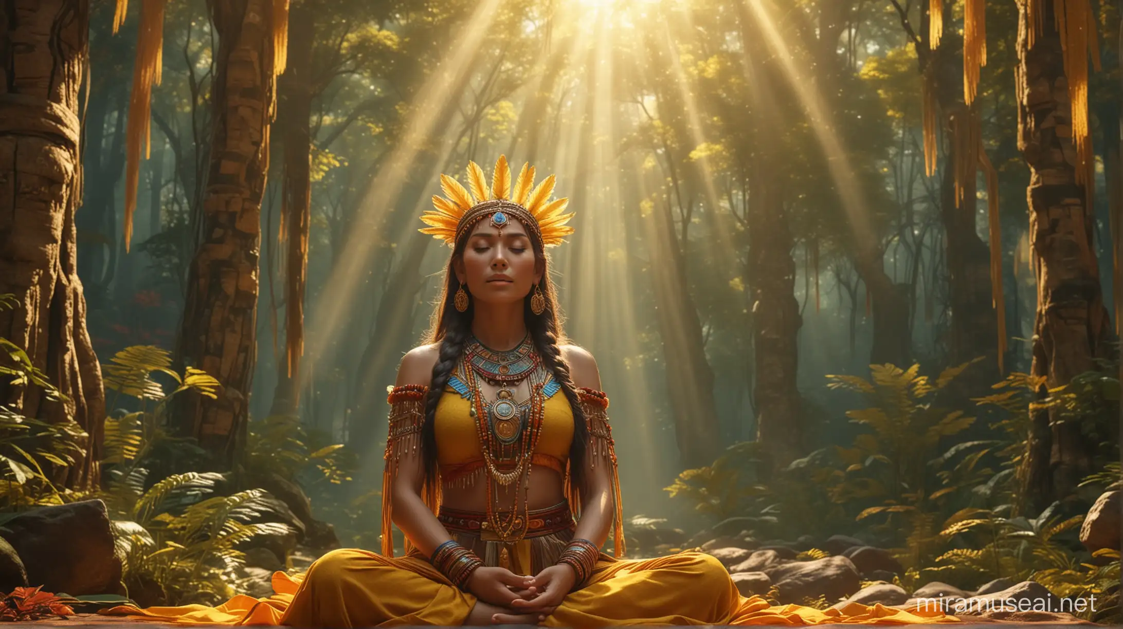 un boque encantado llenos de colores y al fondo una bella joven inca meditando a ojos cerrados con una aura brillante dorada, imagen ultra realista con detalles muy nítidos de alta calidad cinematografica 4k