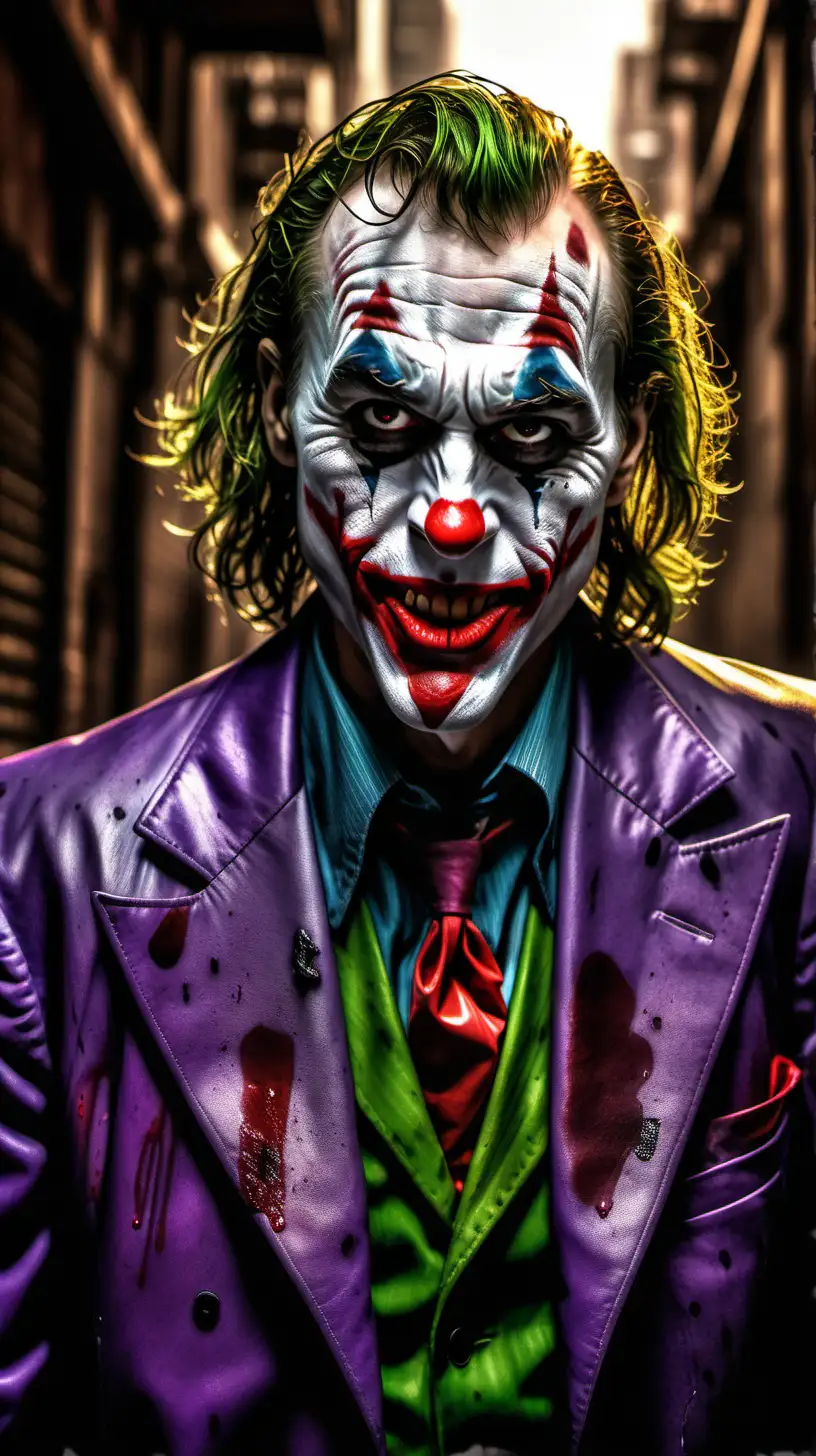 Create the joker evil character from the movies with a sinister look in his eyes and long red tongue, dirty alley background, centered, looking forward, vivid colors, fine detail.