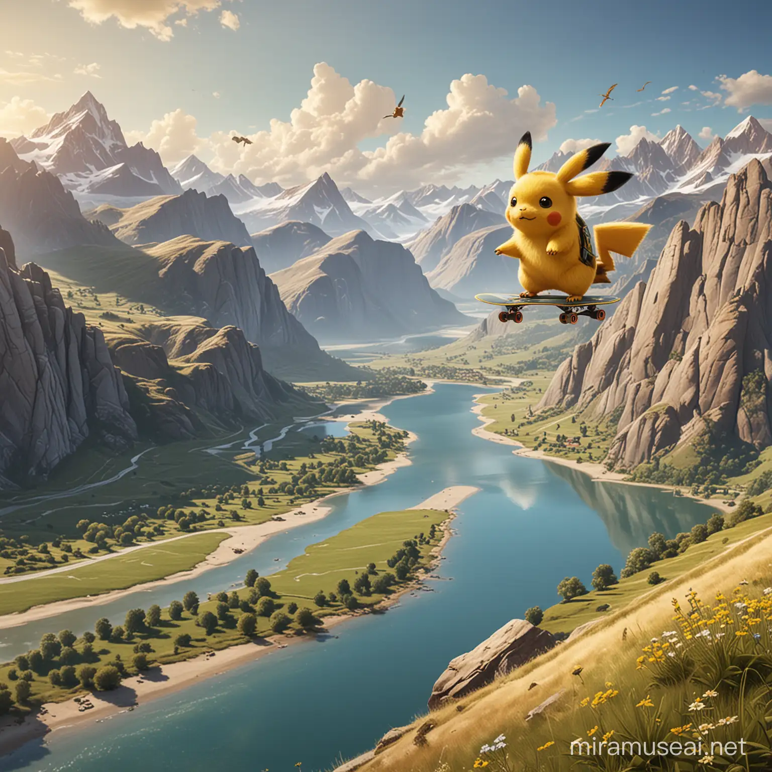  Pikacu flies over the landscape with mountains, hills and lakes on a flying skateboard.