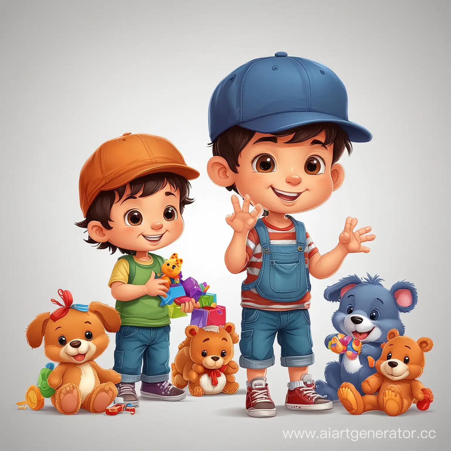 Joyful-Cartoon-Boy-with-Dark-Hair-and-Toys-on-Vector-Background