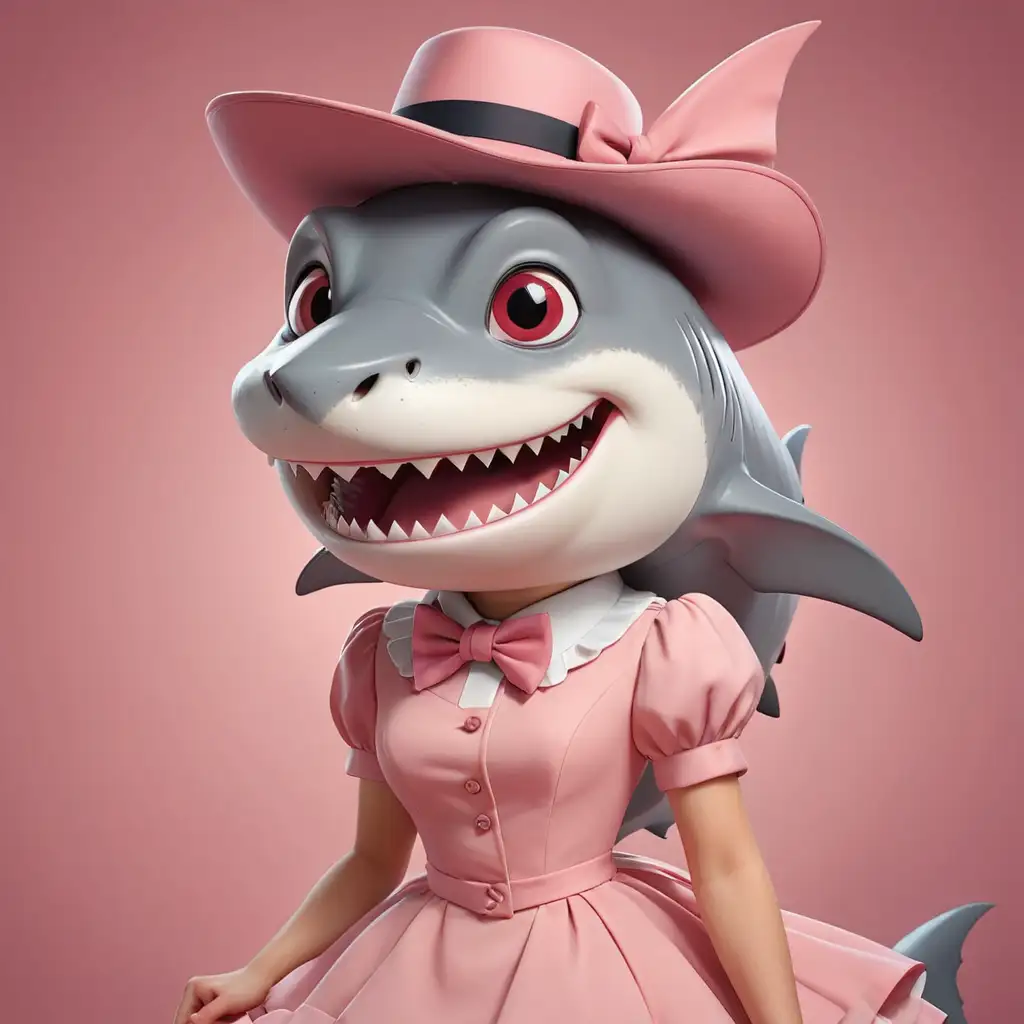 Create a cubist style young beautiful funny shark with light red short dress with a nice Victorian hat and wearing a pink bowtie with a cool background