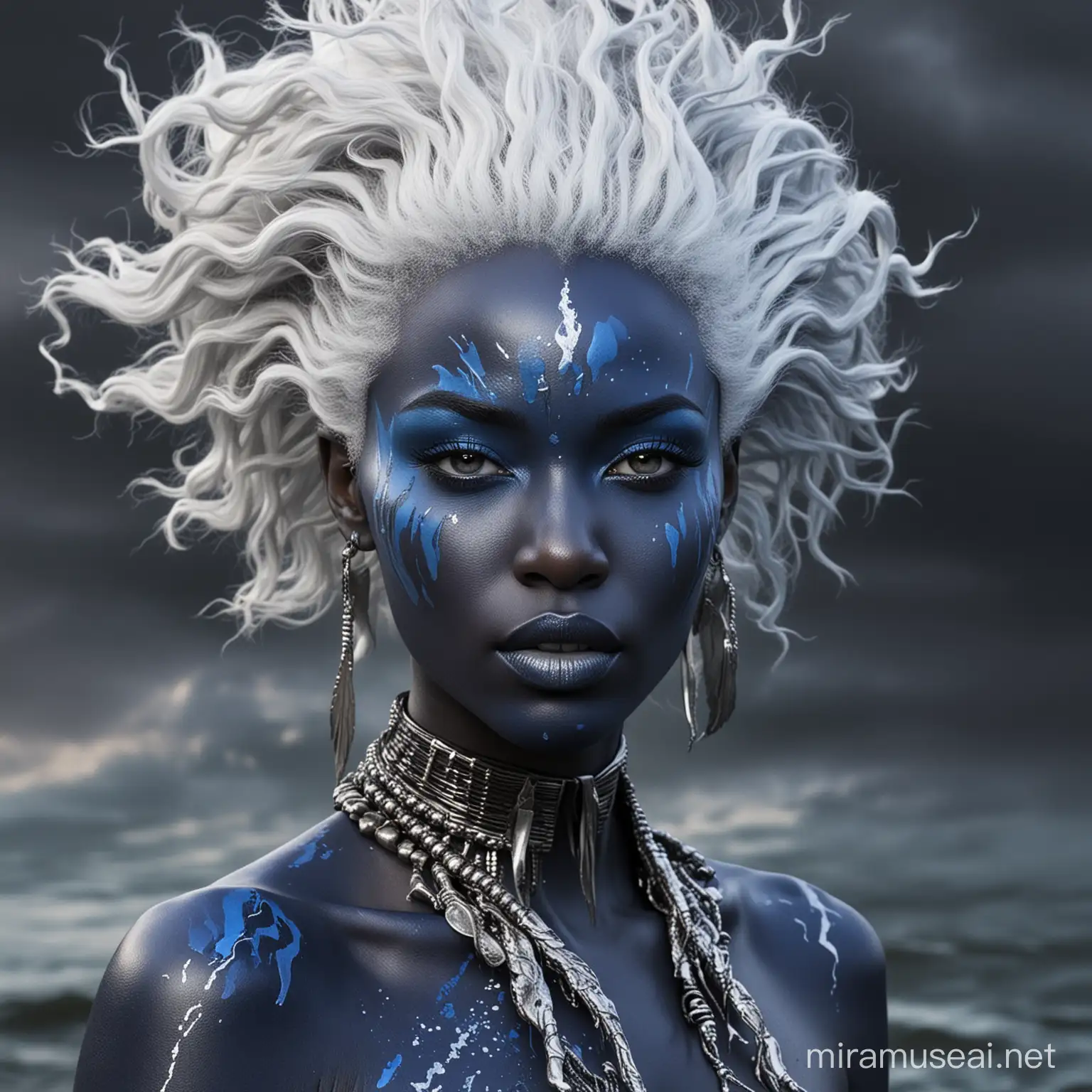 Afrofuturistic style. Goddess of wind, lightning, storms, death, and rebirth. Queen of the river. Indigo skin as if dipped in paint. Silver hair with black roots. 