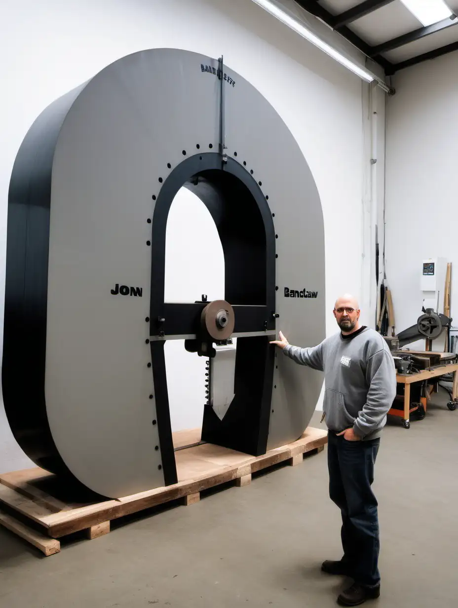 A small man stands in front of a gigantic massive bandsaw in a white workshop. His jumper says ‘Jon Grant’ on it. The bandsaw is black and grey. It is a bandsaw, look up what a bandsaw looks like. Very tall 