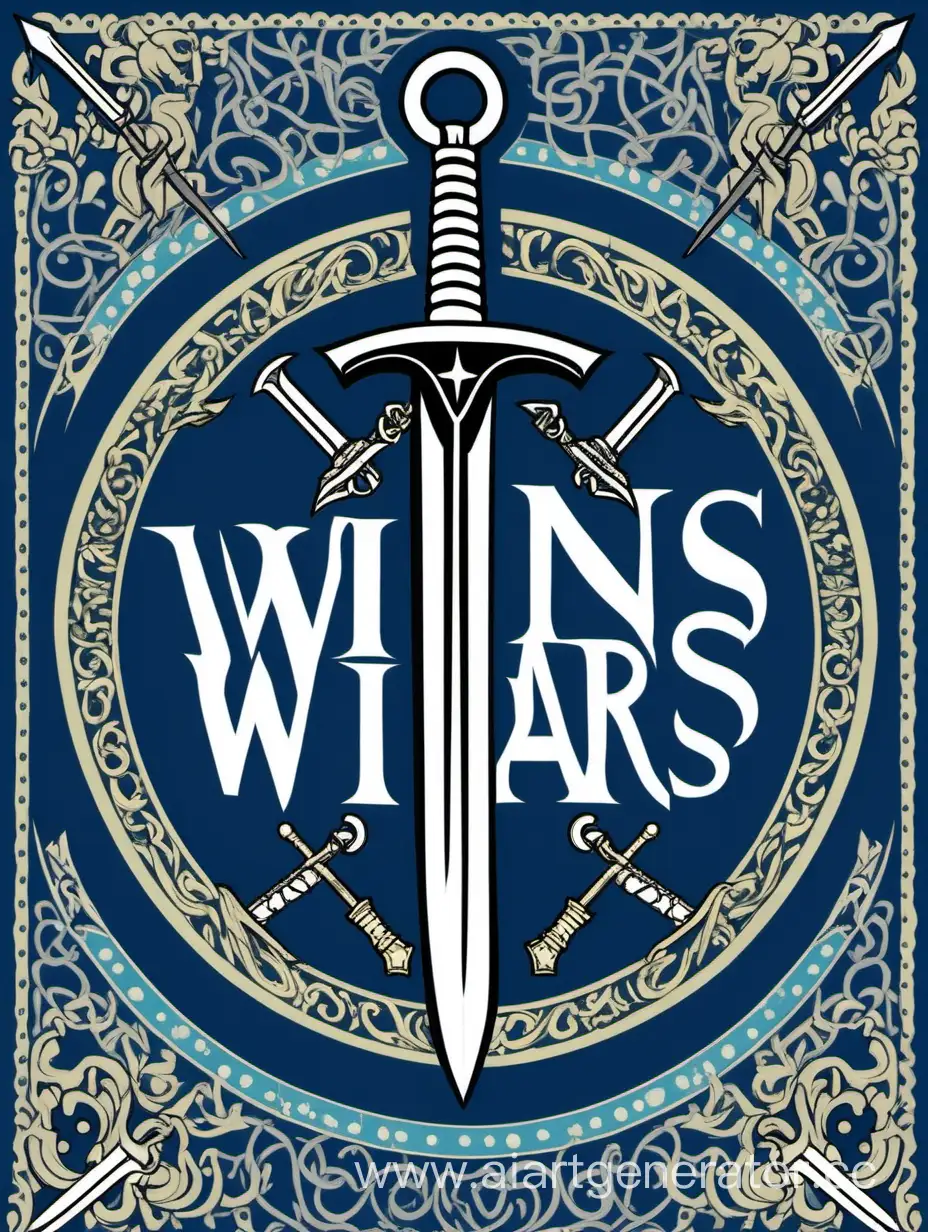 эмблема с синим фоном, изображен меч и арбалеты, надпись оружие выигрывает войны, украшено узорами