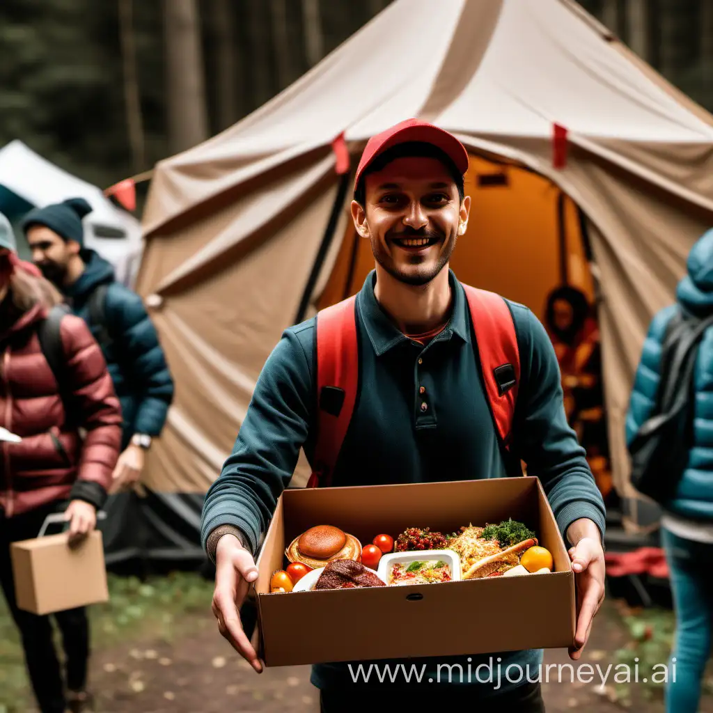 visualize a food delivery person on a festival camping delivering food to festive people