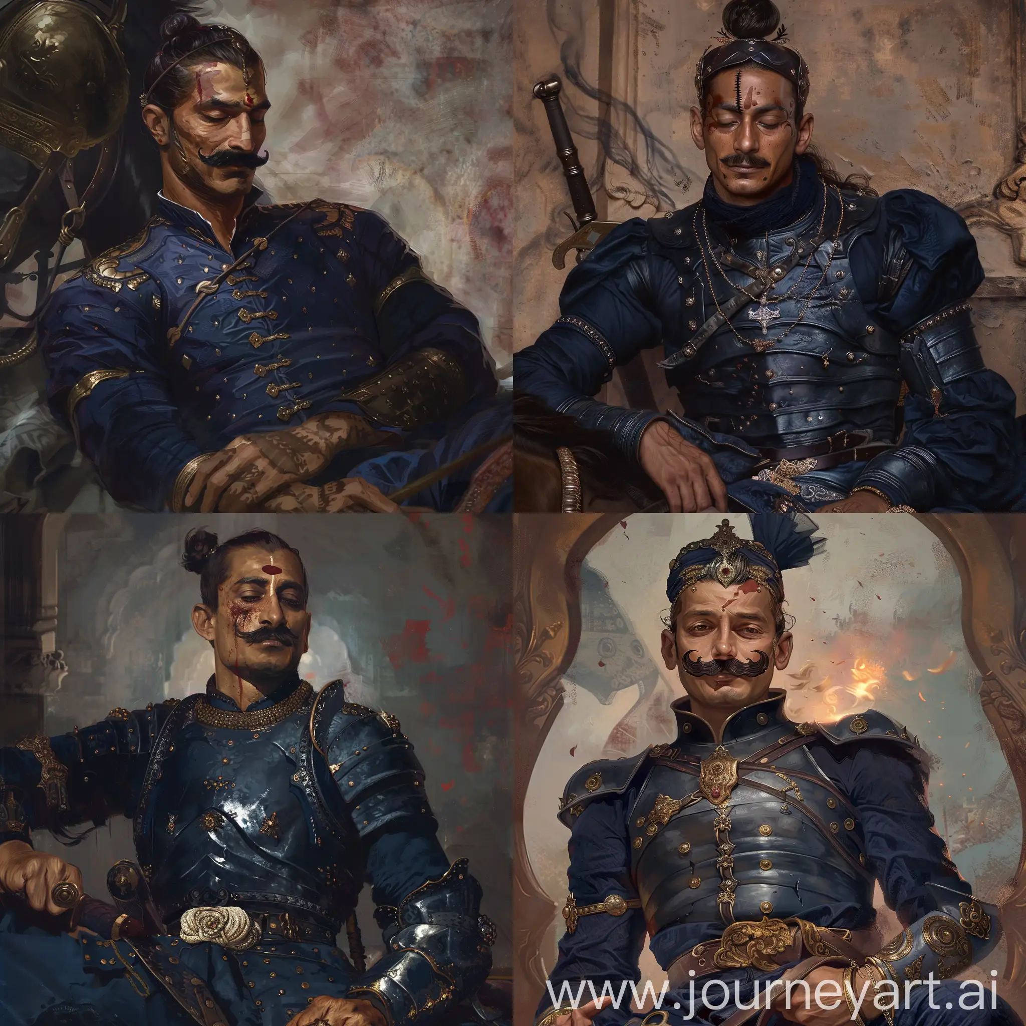 Year is 1490 CE. Imagine rajput king Maharana Sangram Singh. He has lost his left eye and a scar on his left eye running vertically. Left eye  is closed and only right eye is open. He has twirled moustache and clean shaved. He is fierce and calm. He is wearing navy blue clothes under a armor and a helmet on his head. He is sitting on a horse with a sword in his hand. His left hand is only till the elbow.