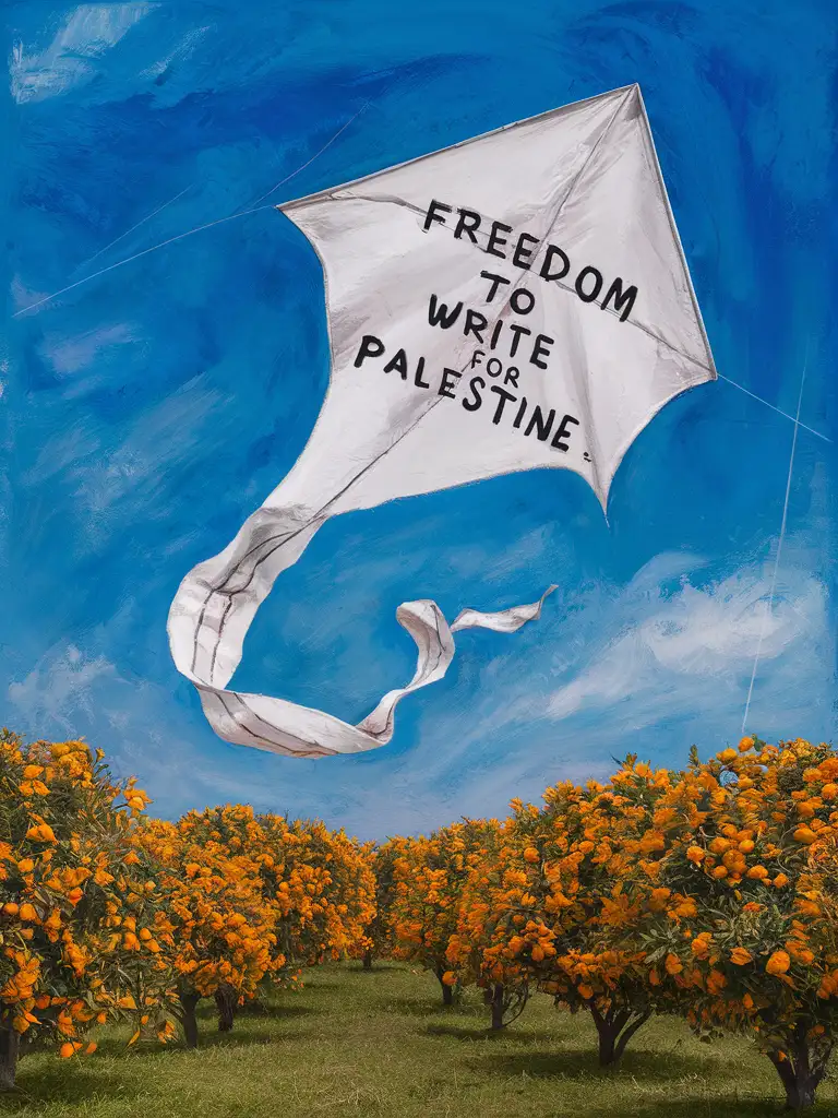 the words "freedom to write for palestine" on a white kite flying in the blue sky over a field of orange citrus trees
