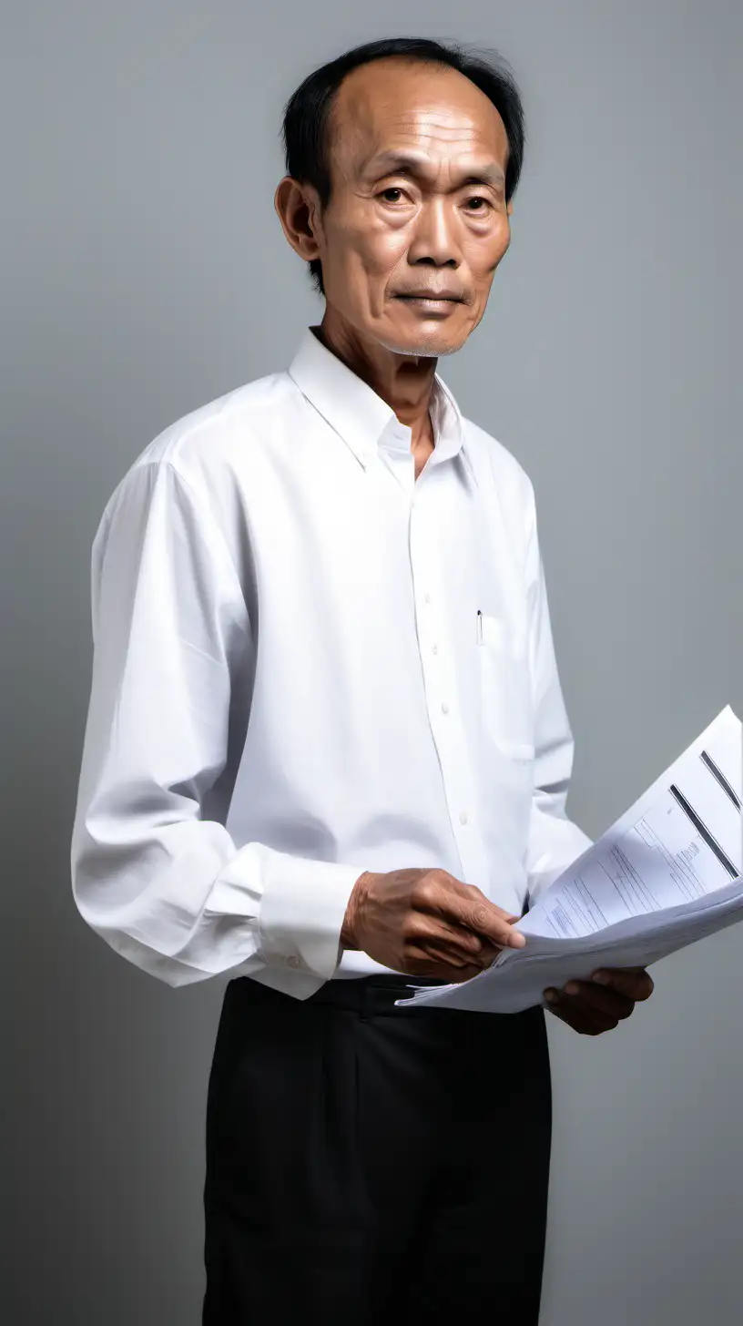 a 60 year old south east asian man with skinny figure, black short thin sleek hair, full face big forehead, wearing white button up shirt and black pants. Handing documents from side view