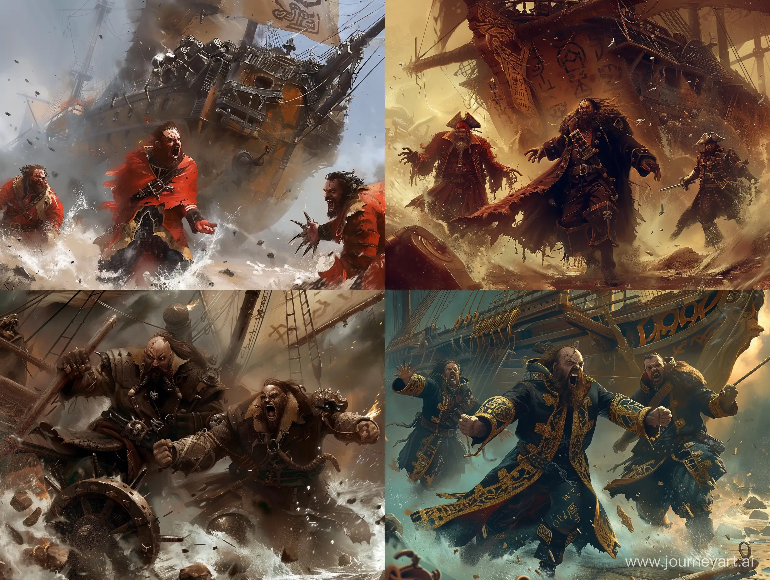 Angry pirates with torn robe,Attacking to A huge ship [with a Huge drill bit at the front for splitting rock,with steam engine,Mighty machines, Power armor,powefull,intricate],steampunk,runic script,attacking,Angry,incredible detail,terrifying,Digital Art,Imaginary image,fantasy.