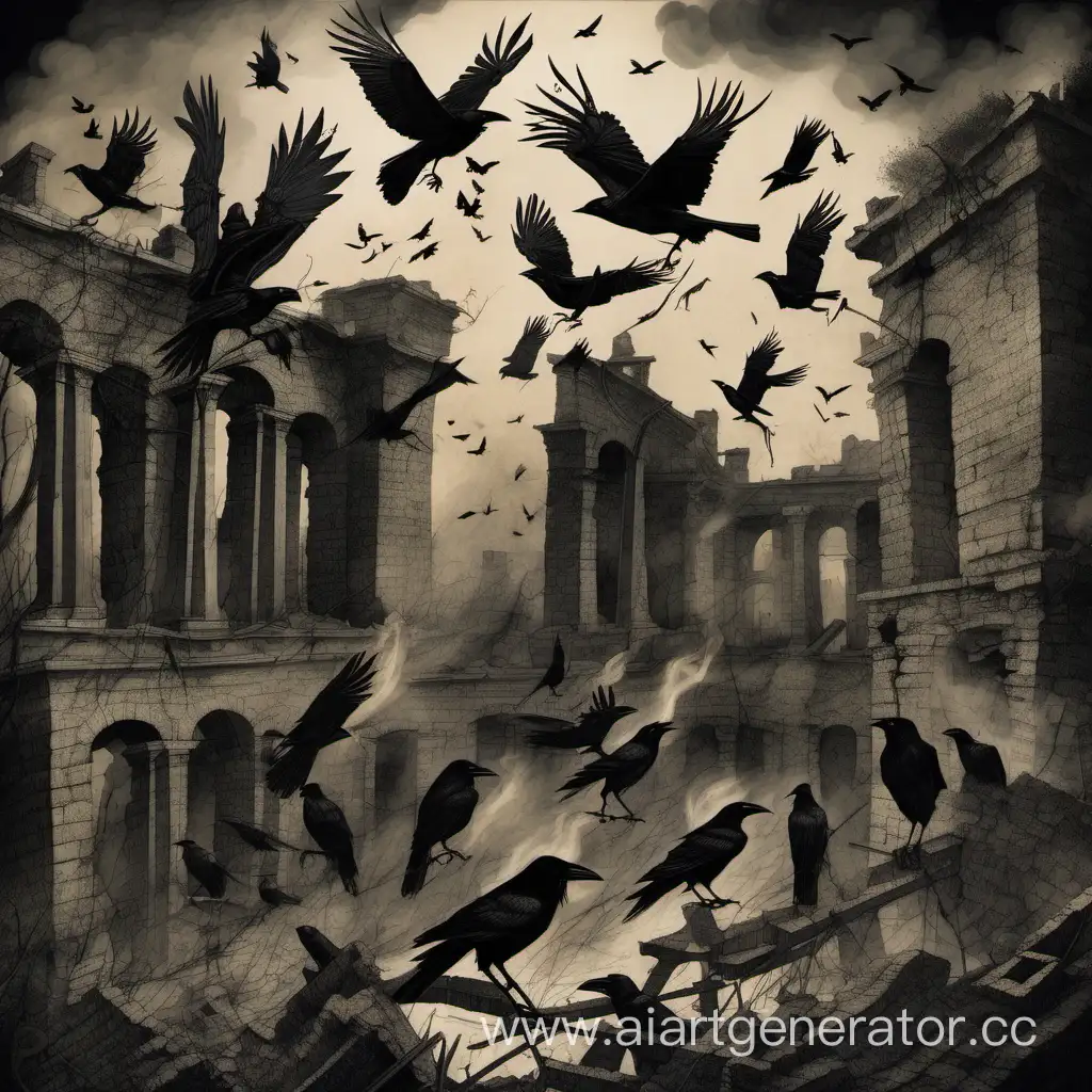 Ethereal-Flight-Crow-Wings-Soaring-Above-Smoldering-Ruins