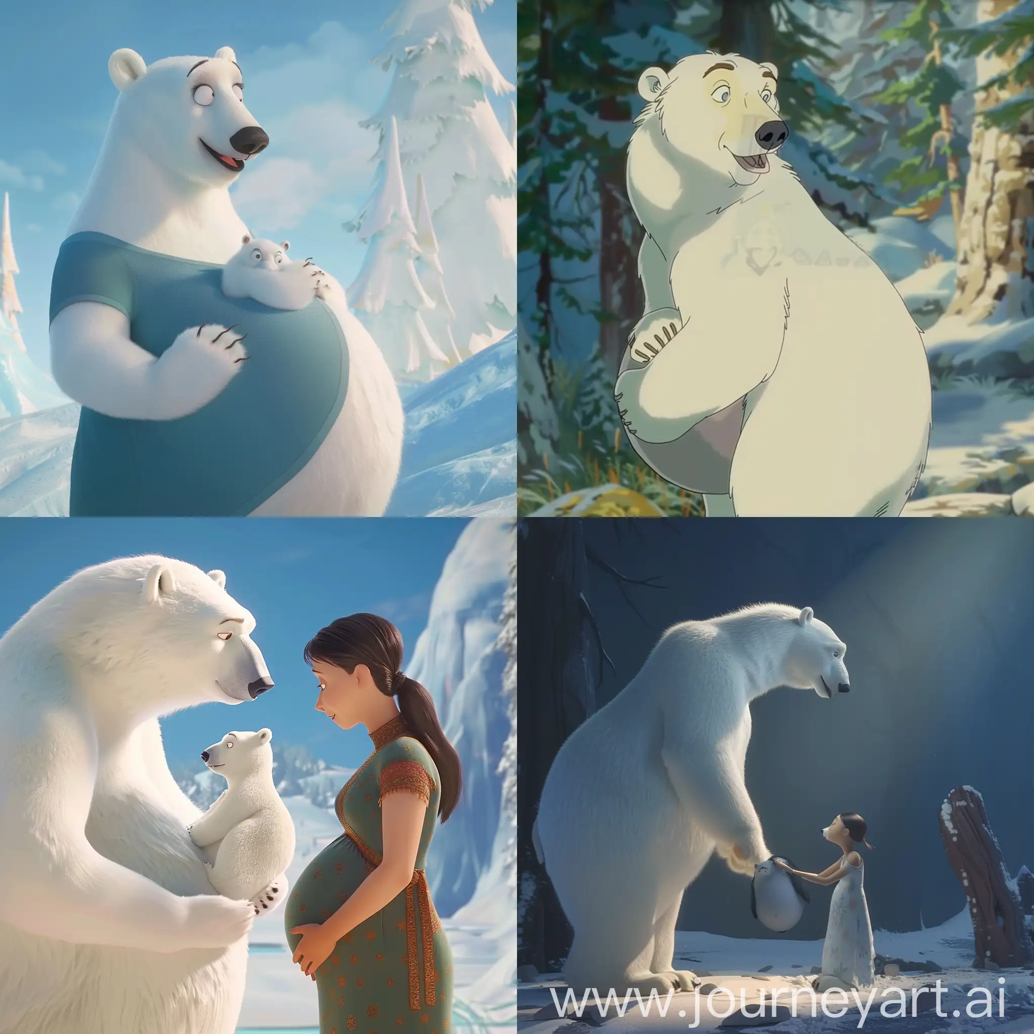 scene from an animated film featuring a pregnant polar bear woman