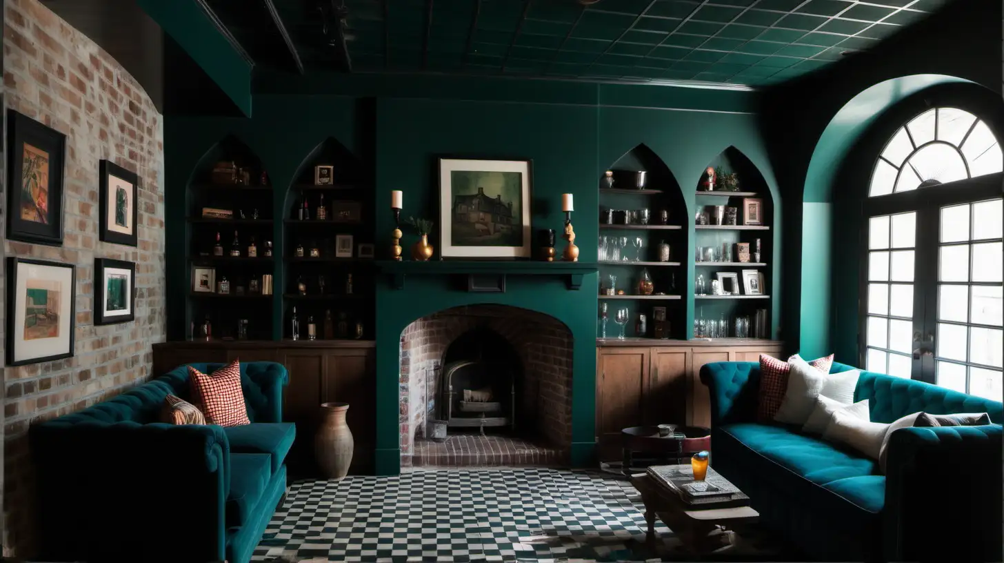 Basement, tiny window, arched built ins, antique fireplace, dark teal, low exposed wood ceiling, whimsical art, checkered tile floor, sofa, wine bar, English pub vibe, moody, wallpaper, exposed brick wall

