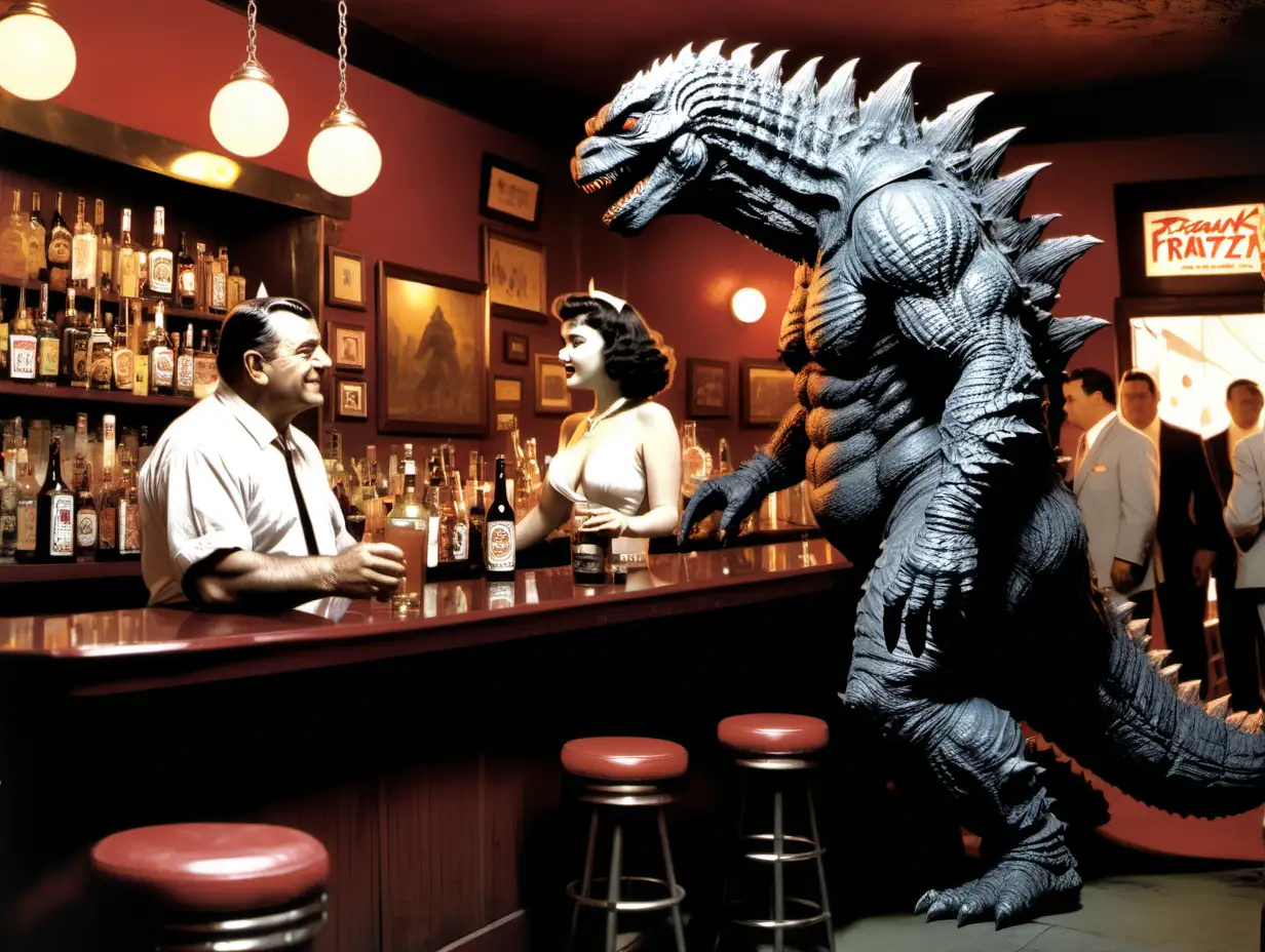 Godzilla and Babe Ruth walk hand in hand into a bar in NYC Frank Frazetta style