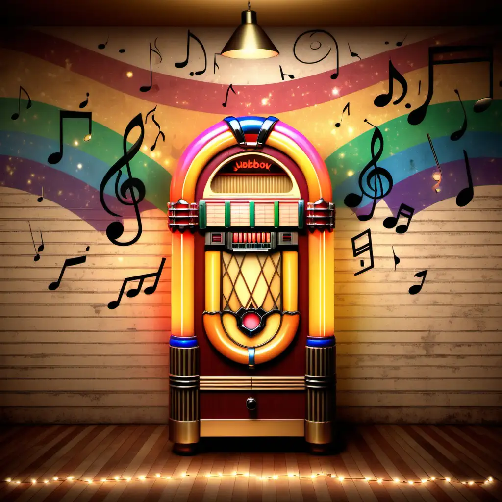 USA Jukebox nation logo on the wall  from year 1960 crumpled old vintage gold leaf paper with old music tools, vintage  tall street lights, fading dance floor with disco lights and old musical notes in the corners under a colored rainbow spotlight.
