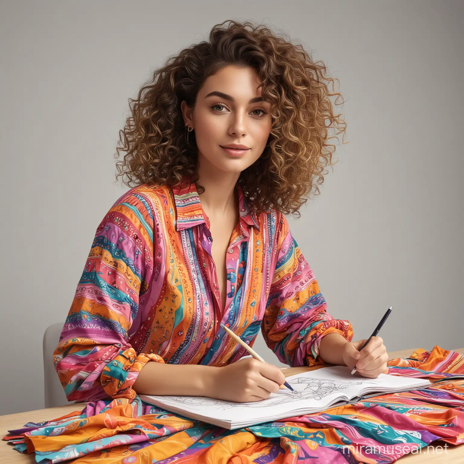 Creative Woman with Wavy Hair Drawing Digitally in Vibrant Attire