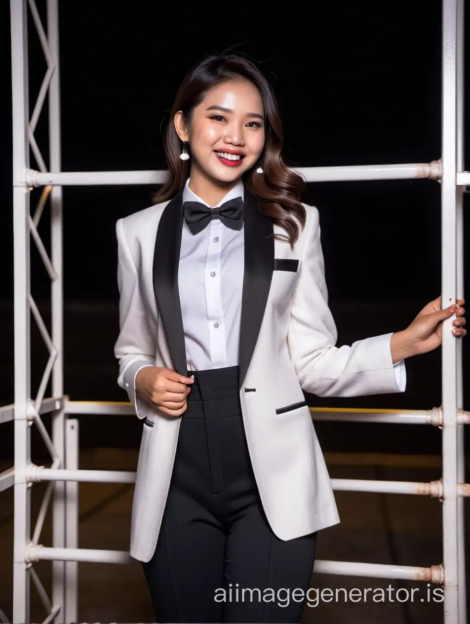 A stunning and cute and sophisticated and confident Indonesian woman with shoulder length hair and lipstick wearing a white tuxedo with a white shirt with cufflinks and a (black bow tie) and (black pants), standing on a scaffold facing forward, laughing and smiling. She is relaxed. It is night.