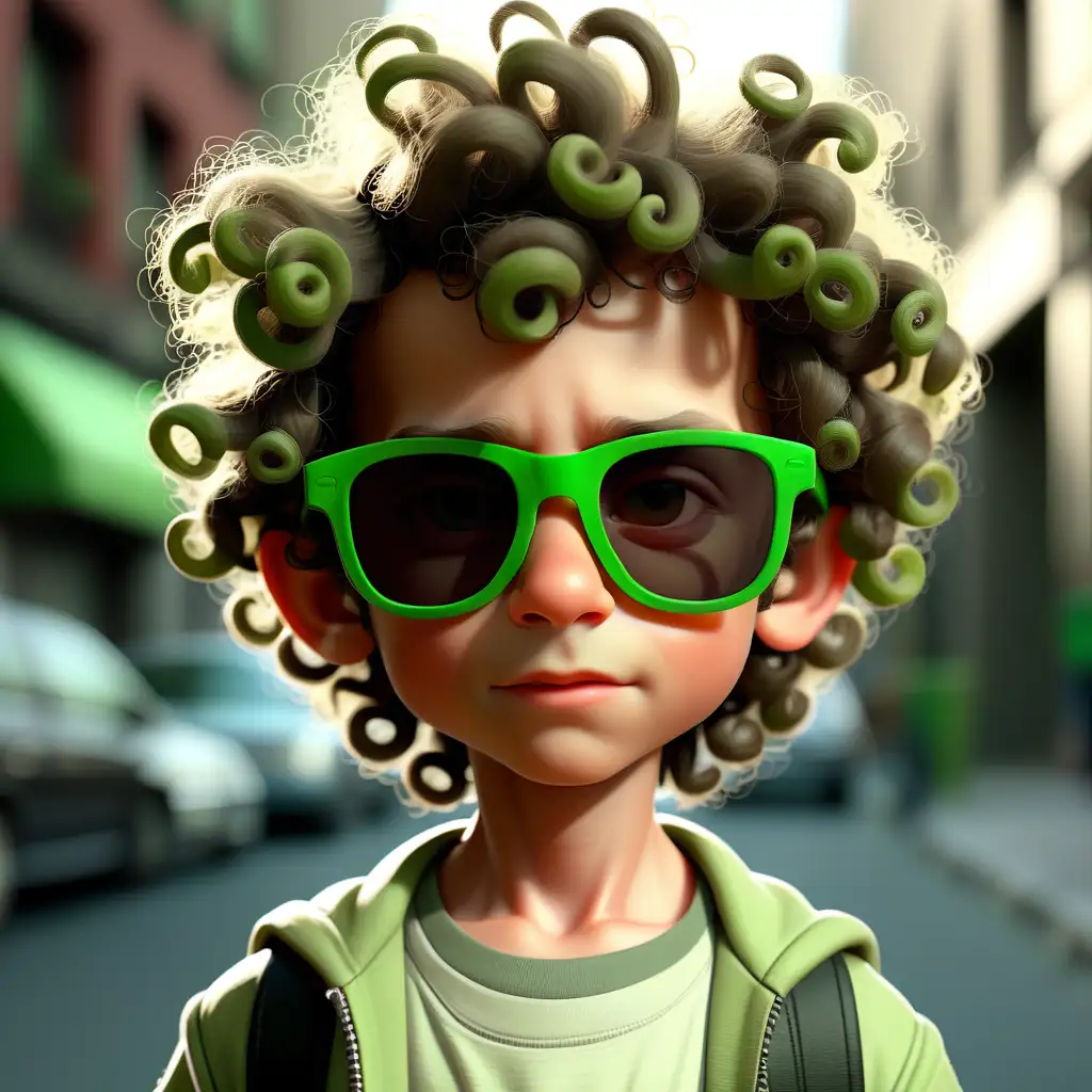 Curly Boy in Stylish Street Clothes Wearing Sunglasses