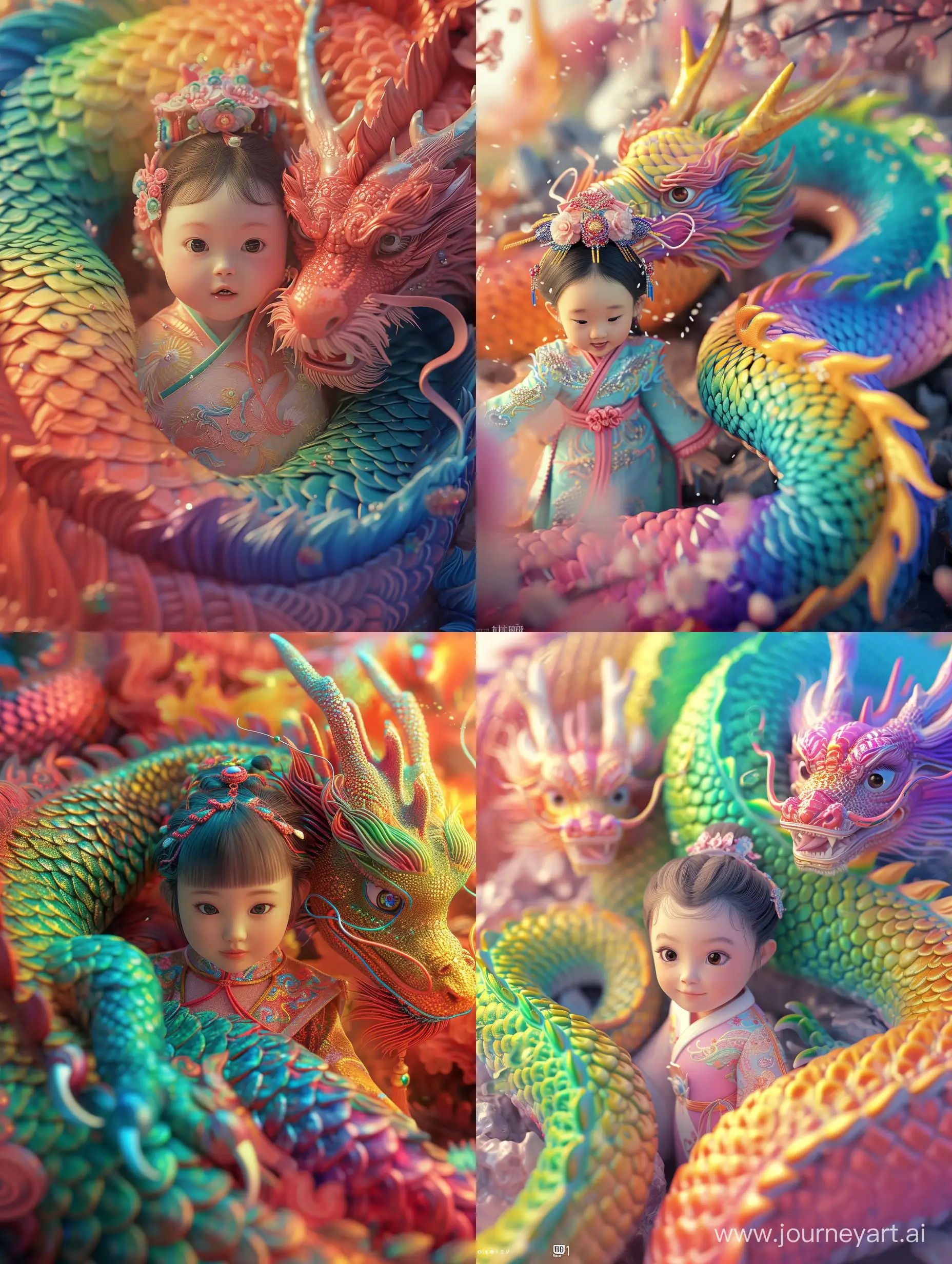 close up, Rainbow dragon surrounded by a cute little Chinese girl, 1 years old,wearing gorgeous Hanfu,Rainbow dragon,grand scene, minimalism, Chinese dragon, C4D rendering, Surrealism, master works,movie lighting, Ultra HD, fine detail, color rating, 32K HD