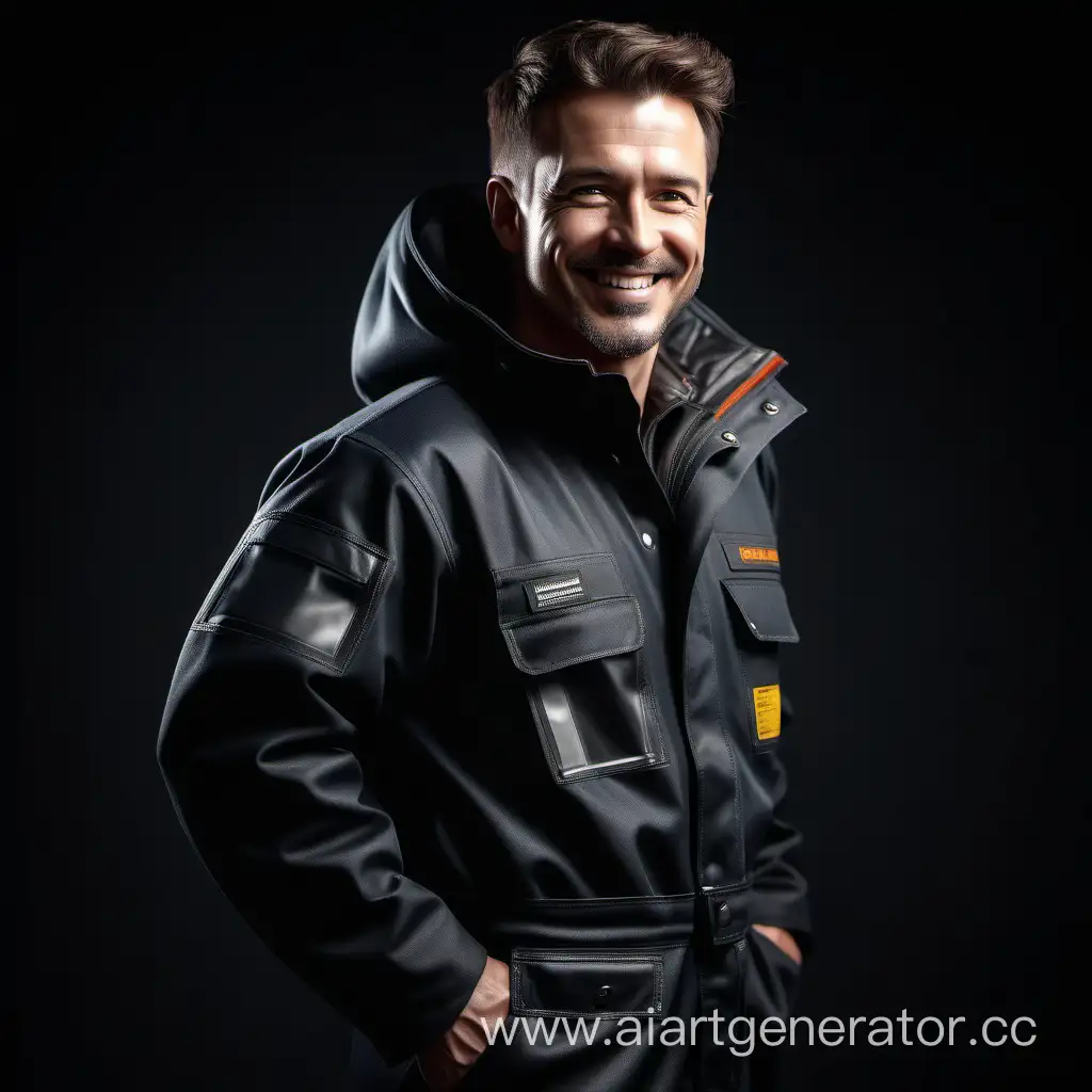 strong 30 years old man, full length, smile, half-profile view, wearing beautiful highly insulated workwear, black fabrics, cinematic, beautiful, elegant, atmospheric，RAW Photo, dynamic composition, G-Master Lens, Photorealistic, Hyperrealistic, Hyperdetailed, natural light, soft lighting, masterpiece, best quality, ultra realistic, 8k, Intricate, High Detail in julie bell style