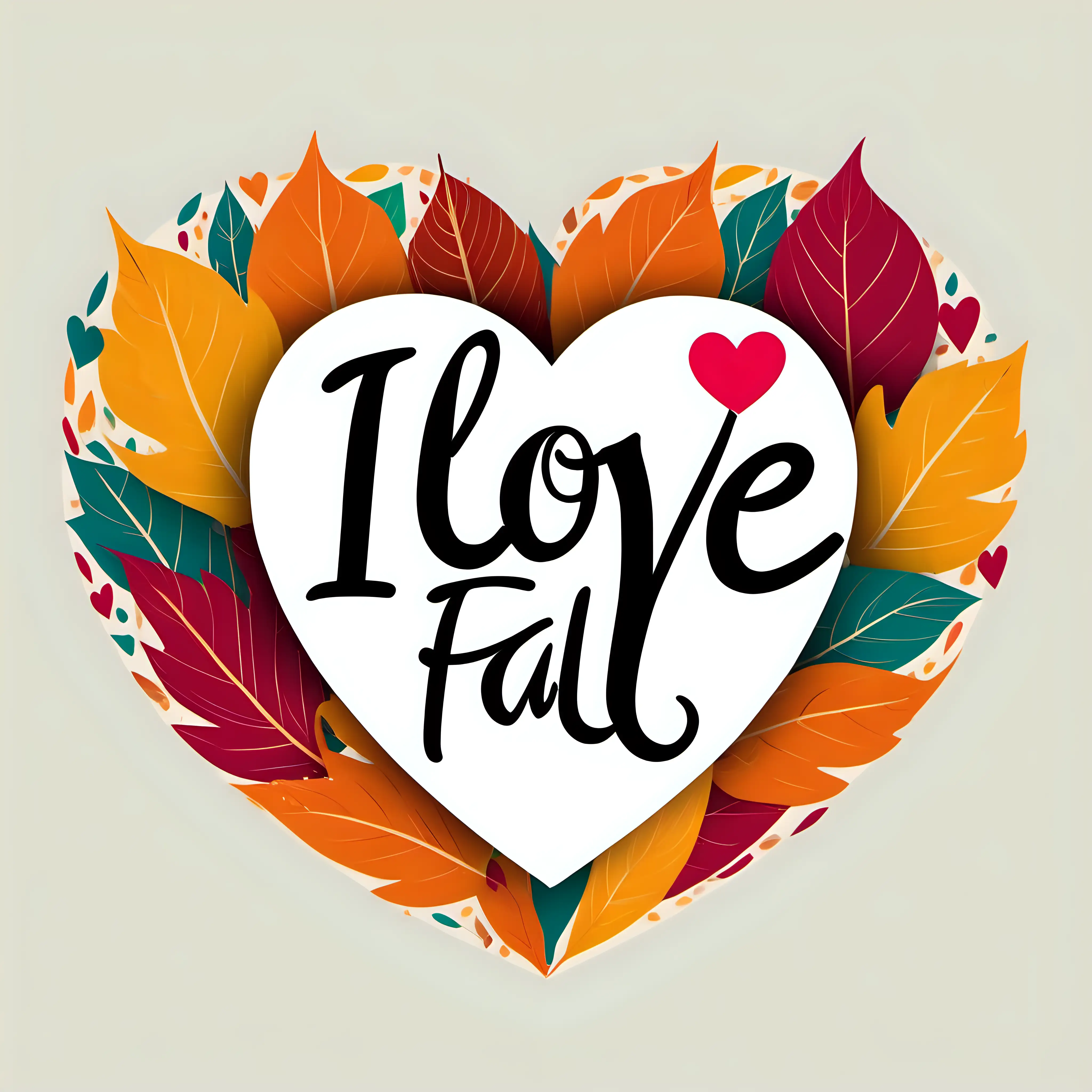 a simple vector are that says "I love Fall" with a fancy script font in the shape of a heart with colorful leaves on a white background, poster, typeography