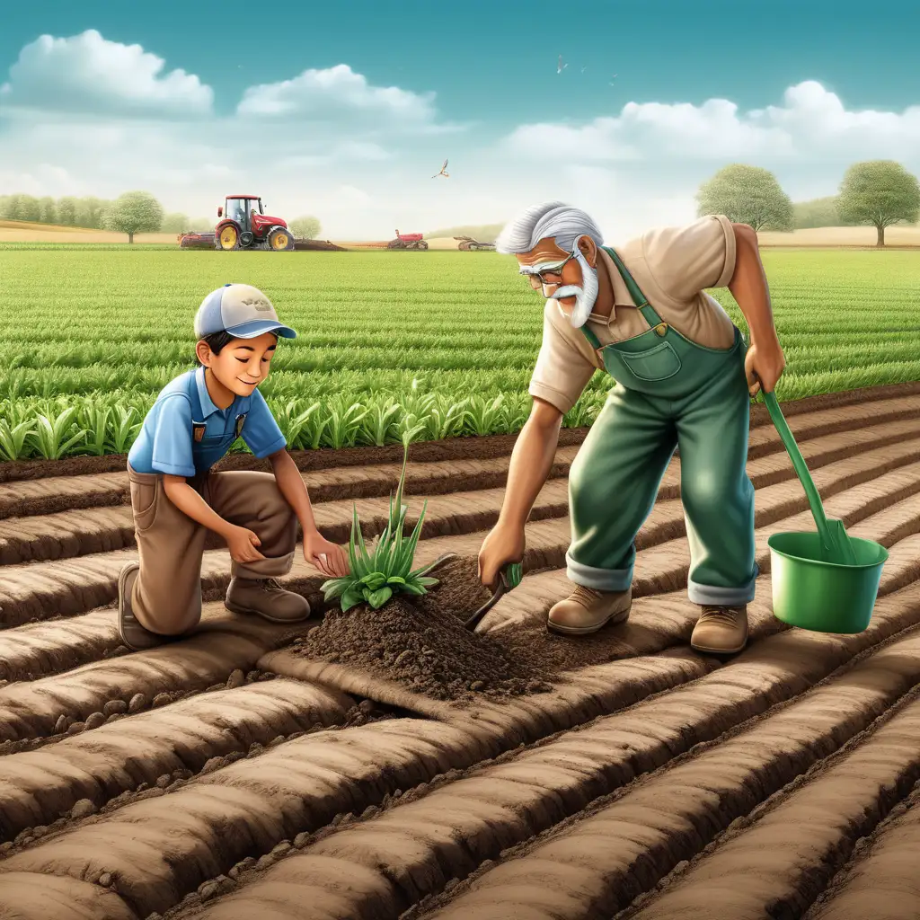 Create a 3D illustrator of an animated image of The image depicts a small field where a boy and his grandfather are engaged in the laborious task of preparing the soil for the upcoming sowing season. They can be seen diligently turning the soil, breaking up lumps, and ensuring it is ready to nurture the seeds. Despite the challenging nature of the work, the duo understands its importance in paving the way for a fruitful harvest. Their efforts symbolize the dedication and hard work required in agriculture to reap the rewards of a bountiful harvest in the future. Beautiful and spirited background illustrations.
