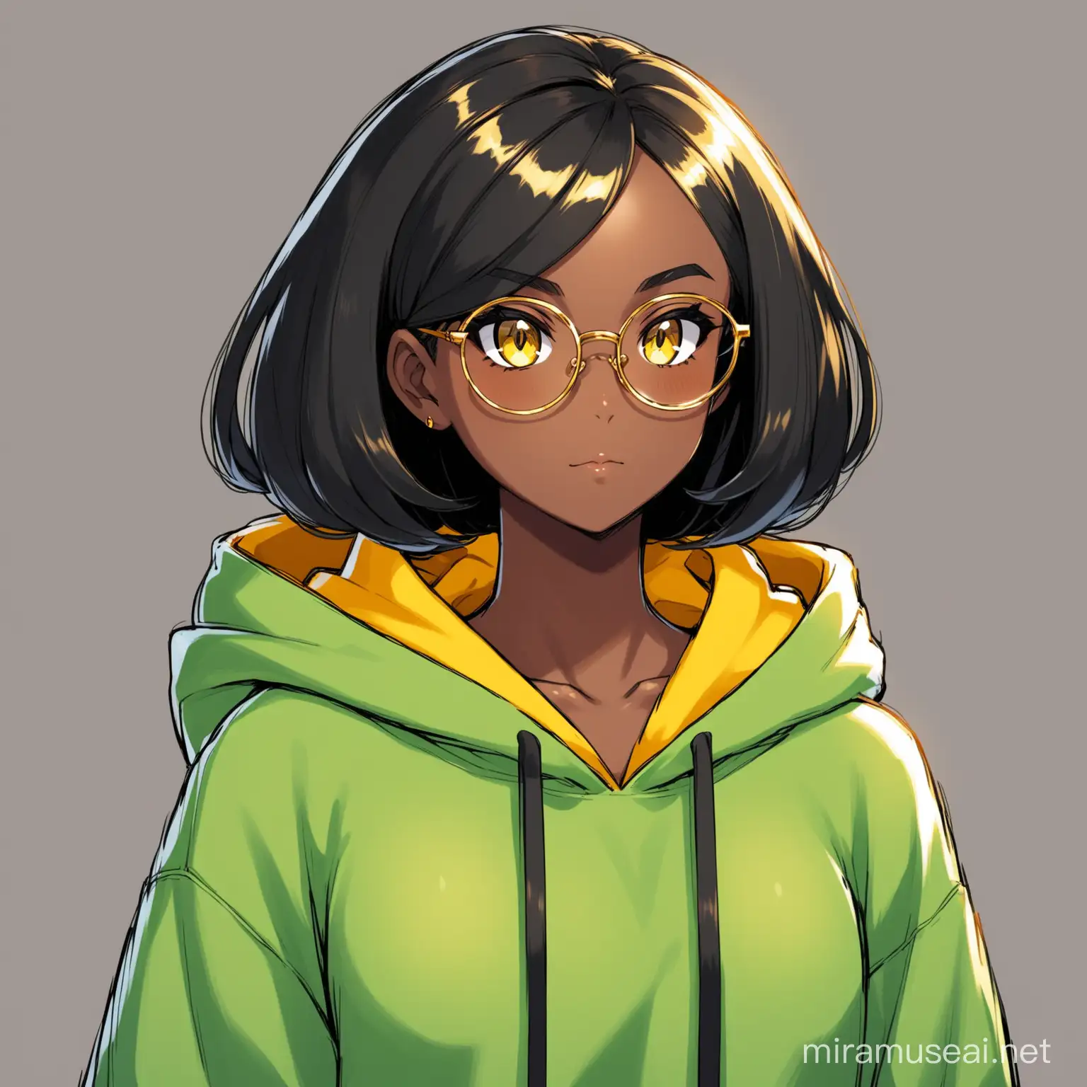 Black skinned girl, black hair shoulder lenght, golden eyes, pokemon style, green hoodie, glasses
