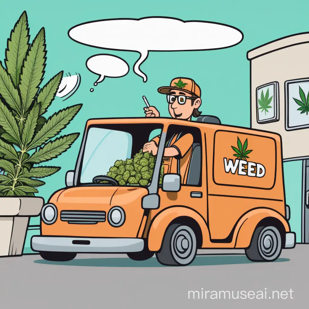 Cheerful Cartoon Delivery Driver in Weed Delivery Car