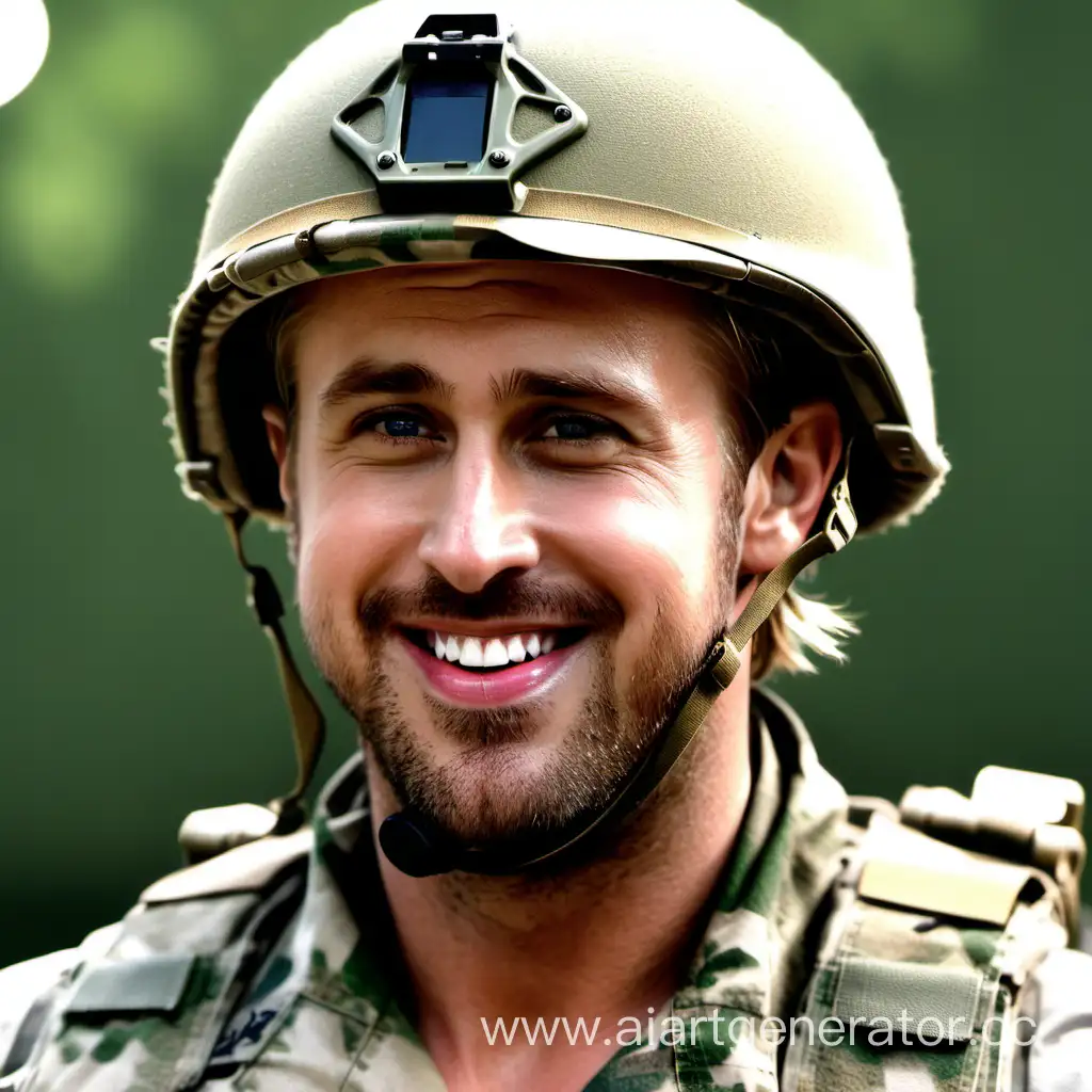 ryan gosling, modern combat helmet, camouglage combat uniform, military vest, close-up picture, wide smile
