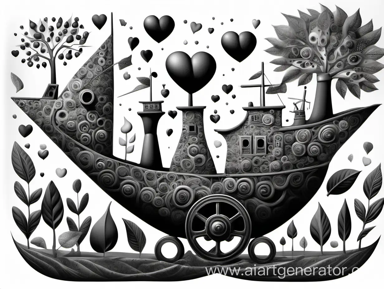 surreal different abstract big and small related forms ship leaves heart eye on wheels mill figurines black and on white background