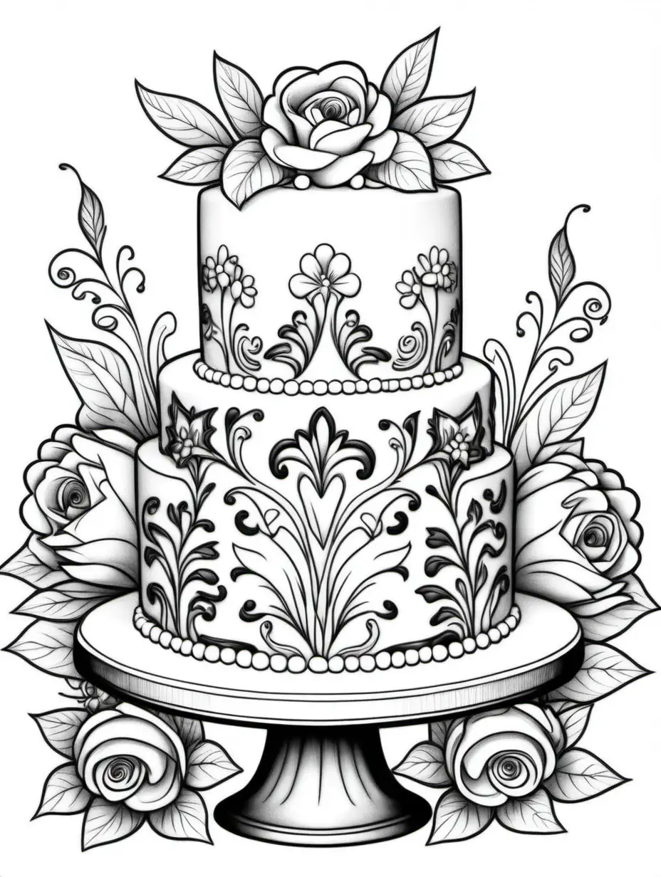 Elegant Flower Adorned White Cake Coloring Page
