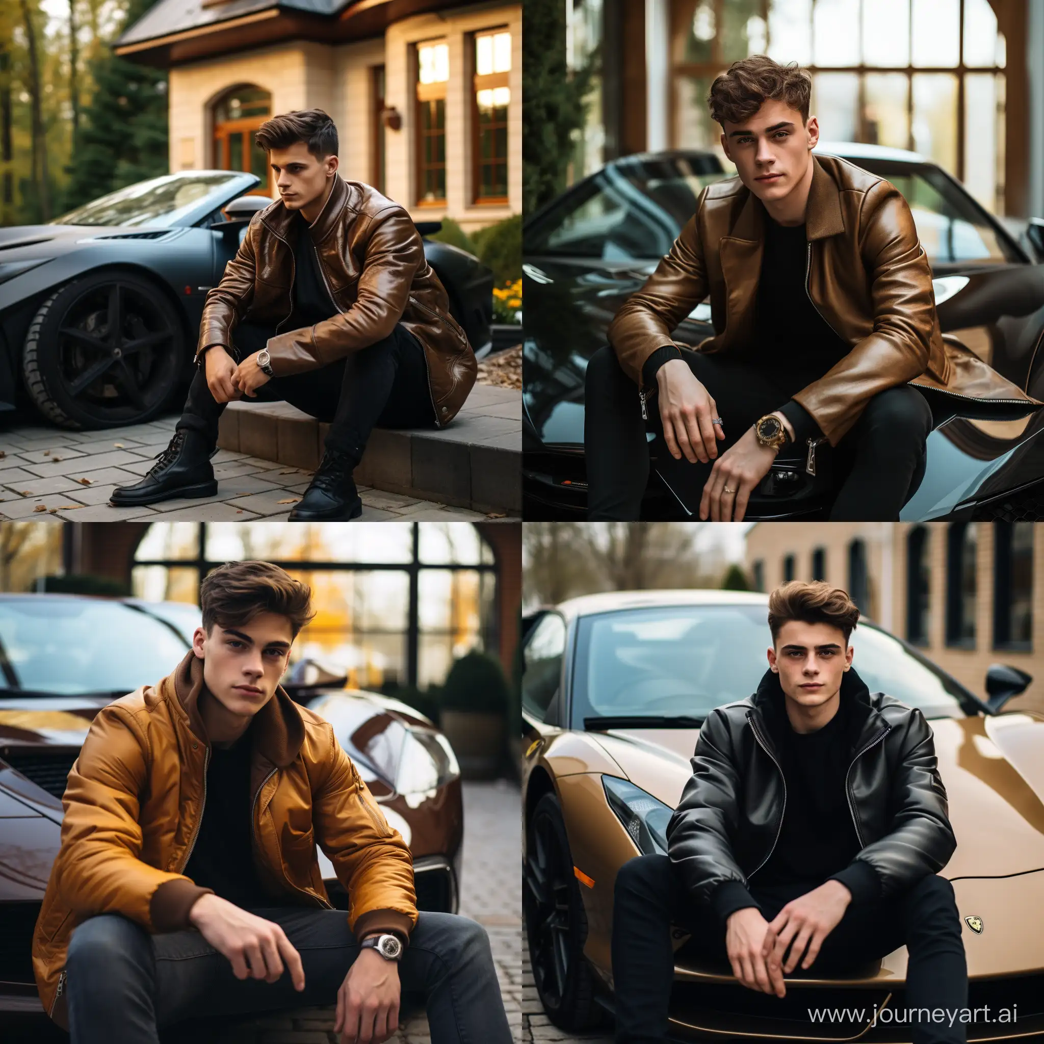 A sophisticated, realistic 4k cinematic photo, on which is young adult, Not a mature 17 years old boy. European appearance with classical medium length dark brown haircut. He's wearing casual, expensive clothes. He's sitting on the bonnet of a Lamborghini, black in color In the background near the entrance to the garage of an expensive mansion.  In the style of 35mm film 