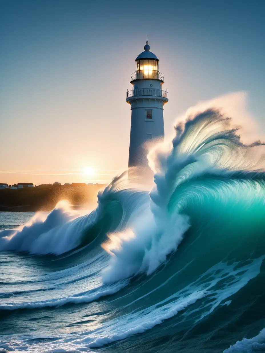  Waves crashing against white lighthouse, sunrise , crystal clear aqua blue water, “-V6”