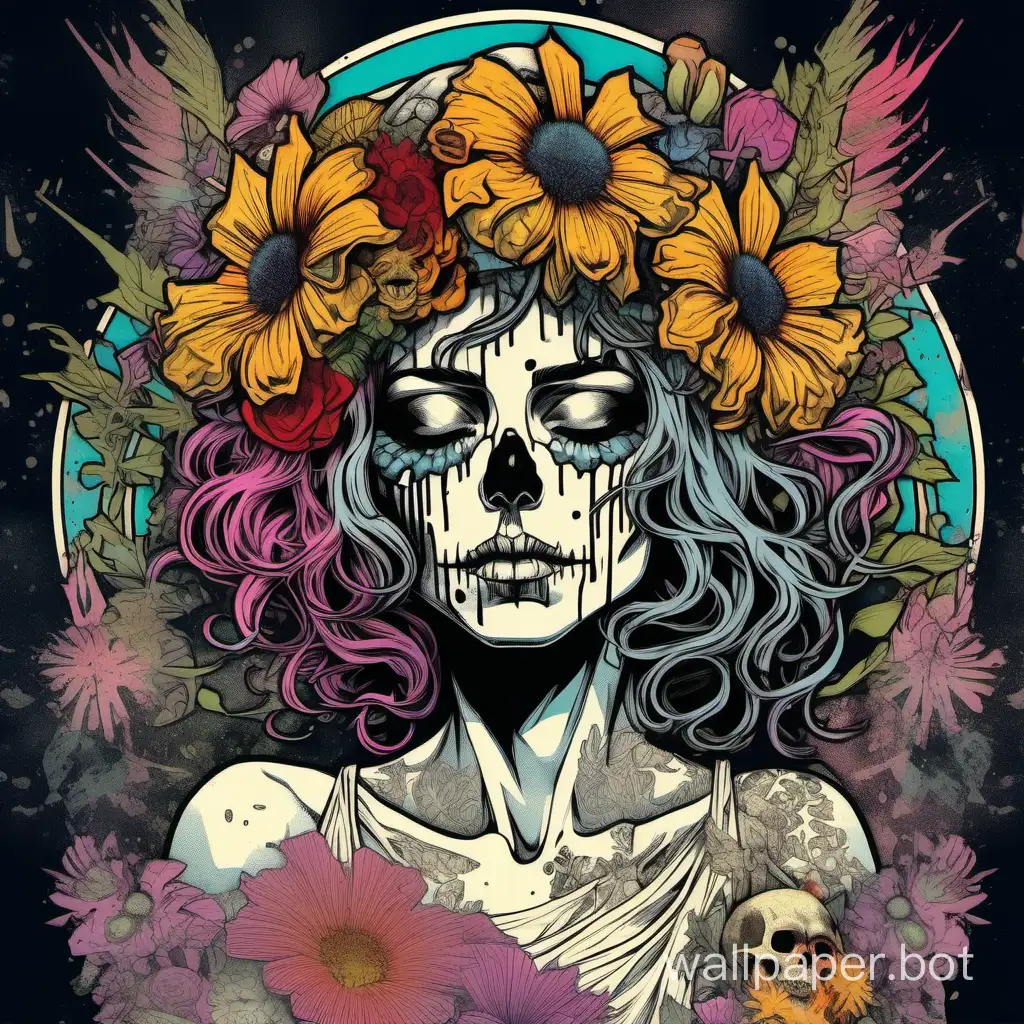 punk woman, crazy skull face crown,  closed eyes, asymmetrical, Alphonse Mucha poster, explosive multicolored wild flowers dripping paint, punk art, high textured paper, hyperdetailed lineart , black magic, high contrast colors, sticker art
