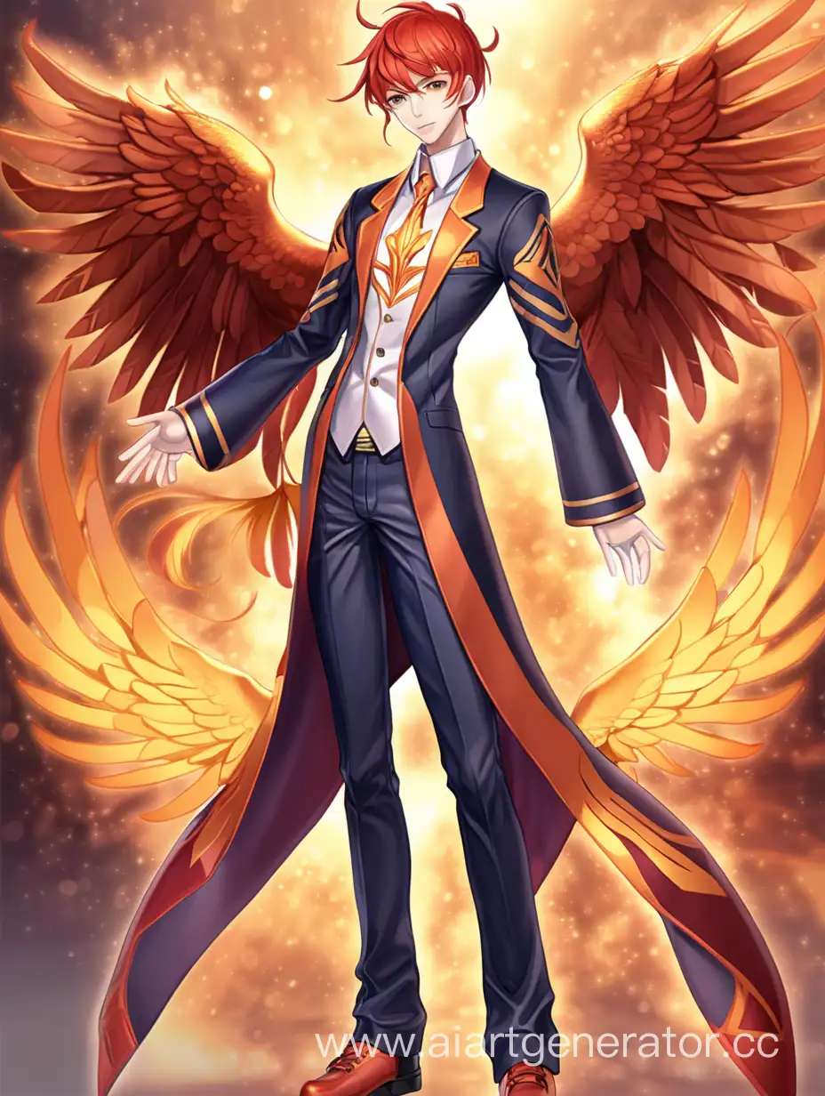 Anime style, human-phoenix, full height, model for V-tuber, male gender
