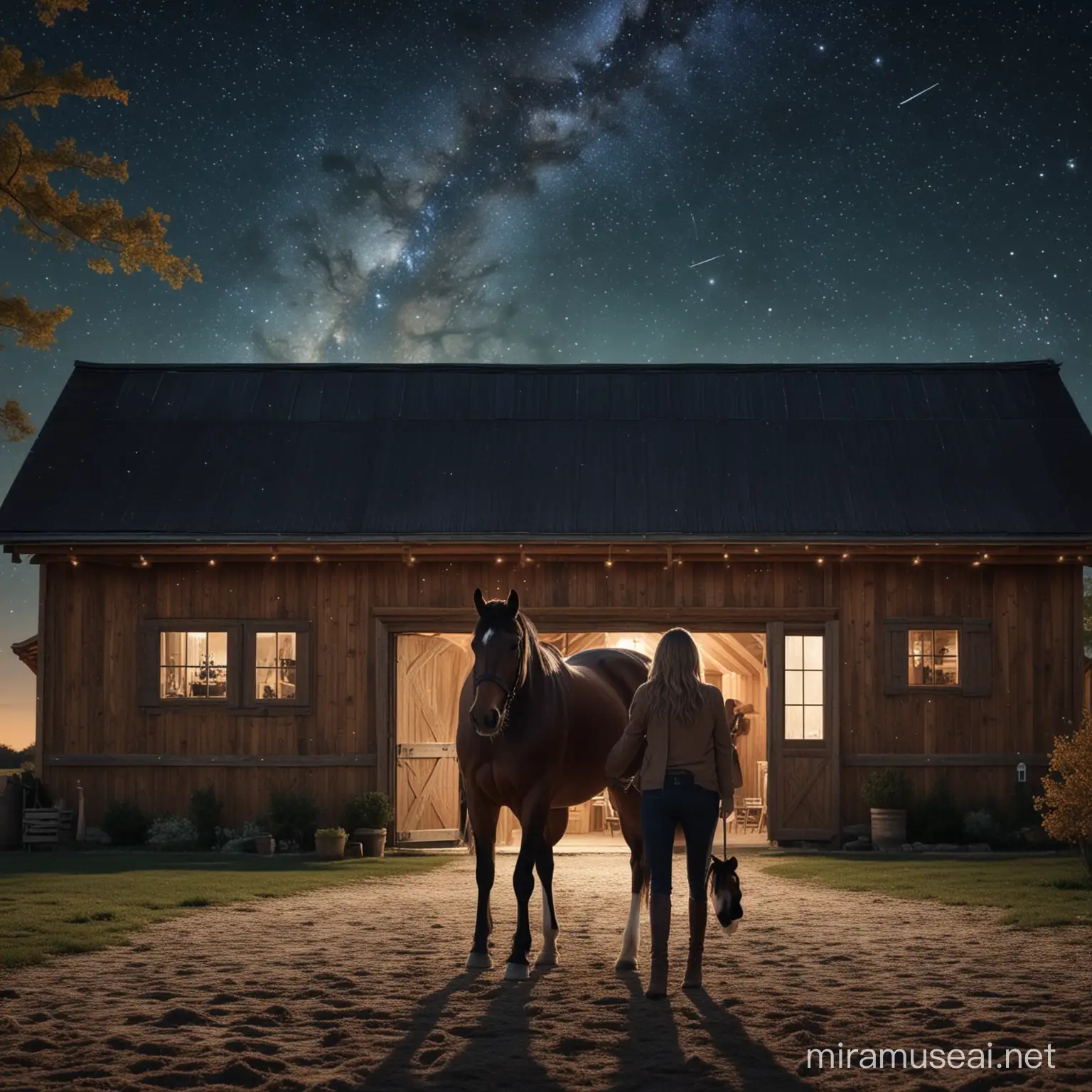 Luxurious Barn Night Rich Woman and Loyal Horse under a Magical Starry Sky