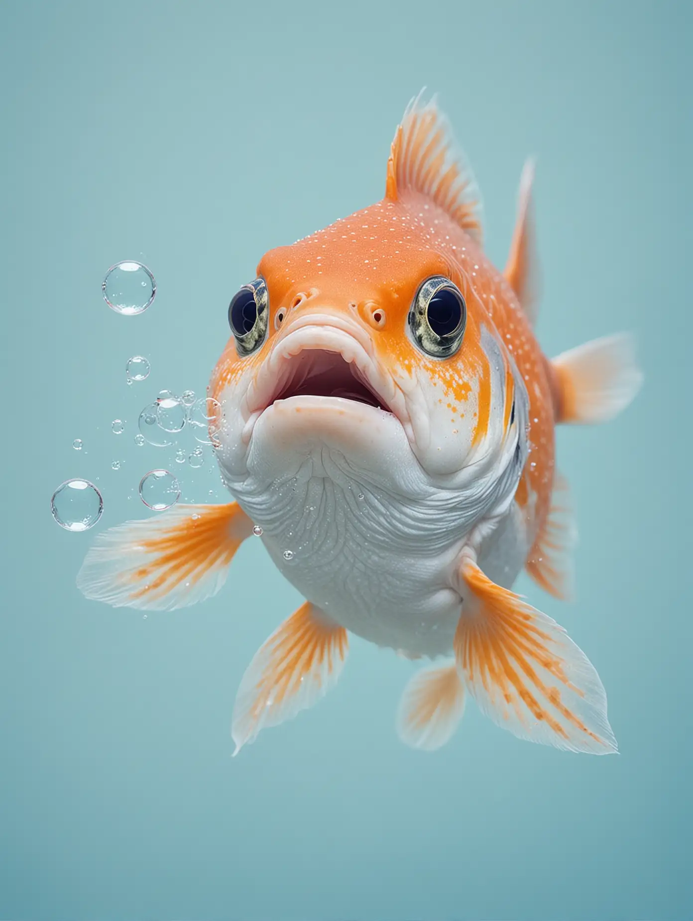 poster of photograph of a cute fish blowing bubbles with a light blue colour background