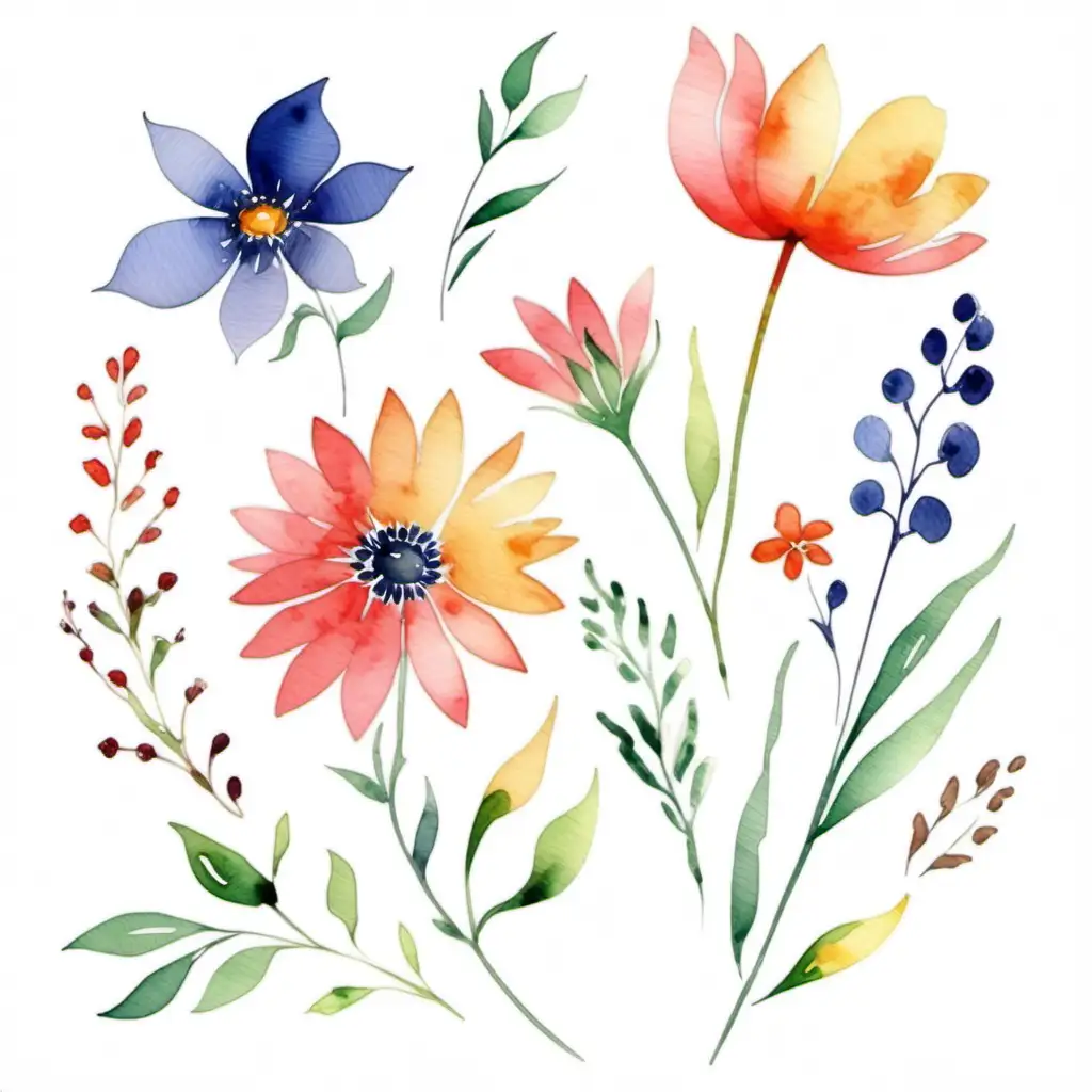 Vibrant Watercolor Flowers Blossoming on a Clean White Canvas