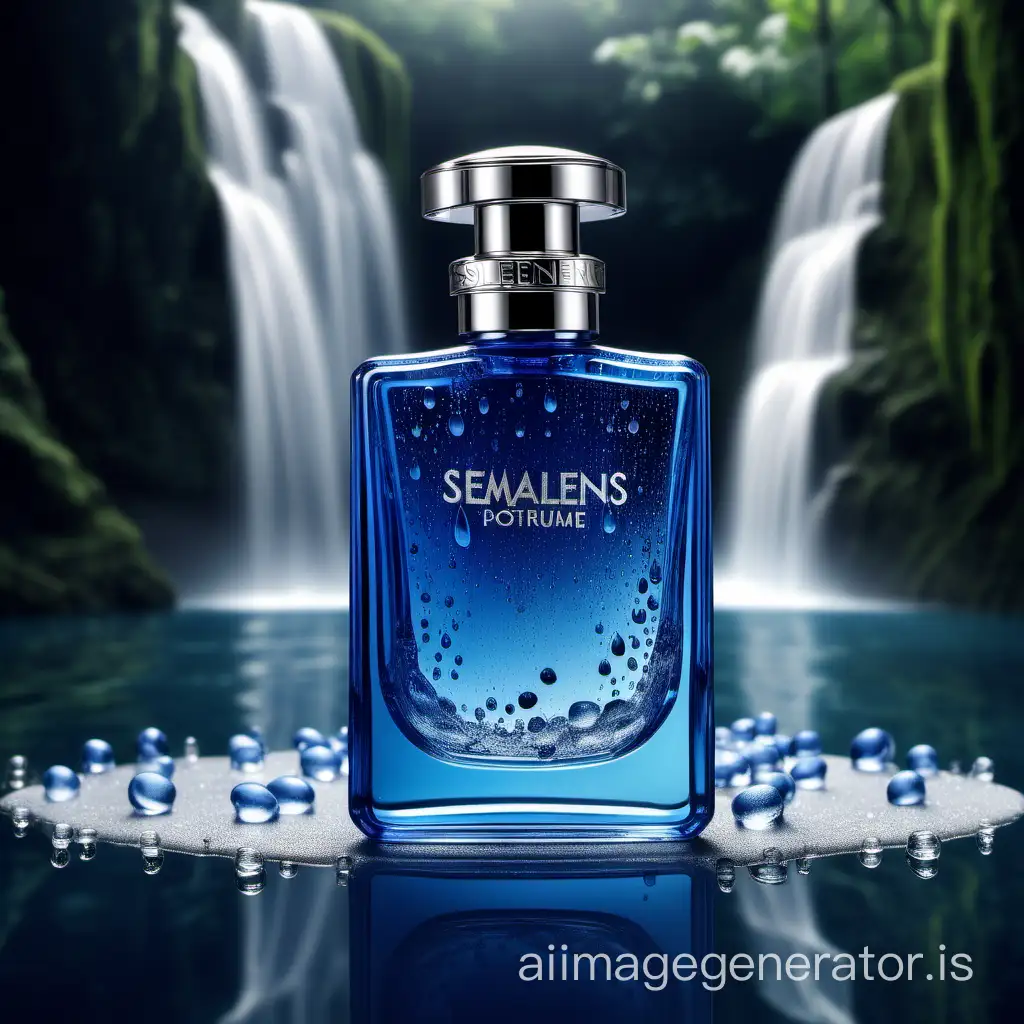 Professional product photoshoot of blue perfume bottle with SEMALENS print, with waterfall background, surrounded by water drops, with ALQUIER text written on the perfume bottle. Photo is highly realistic and detailed
