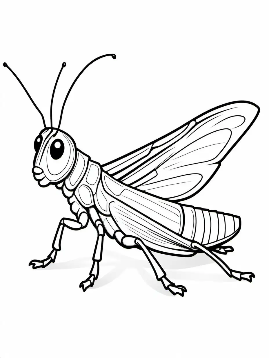 rainbow grasshopper, Coloring Page, black and white, line art, white background, Simplicity, Ample White Space. The background of the coloring page is plain white to make it easy for young children to color within the lines. The outlines of all the subjects are easy to distinguish, making it simple for kids to color without too much difficulty