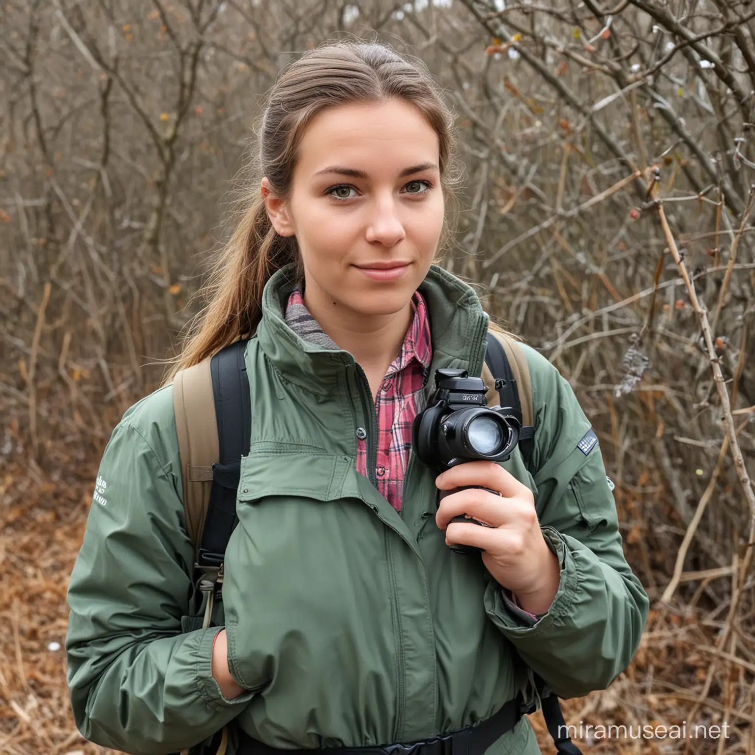 Young Woman Engaged in Bird Watching Adventure